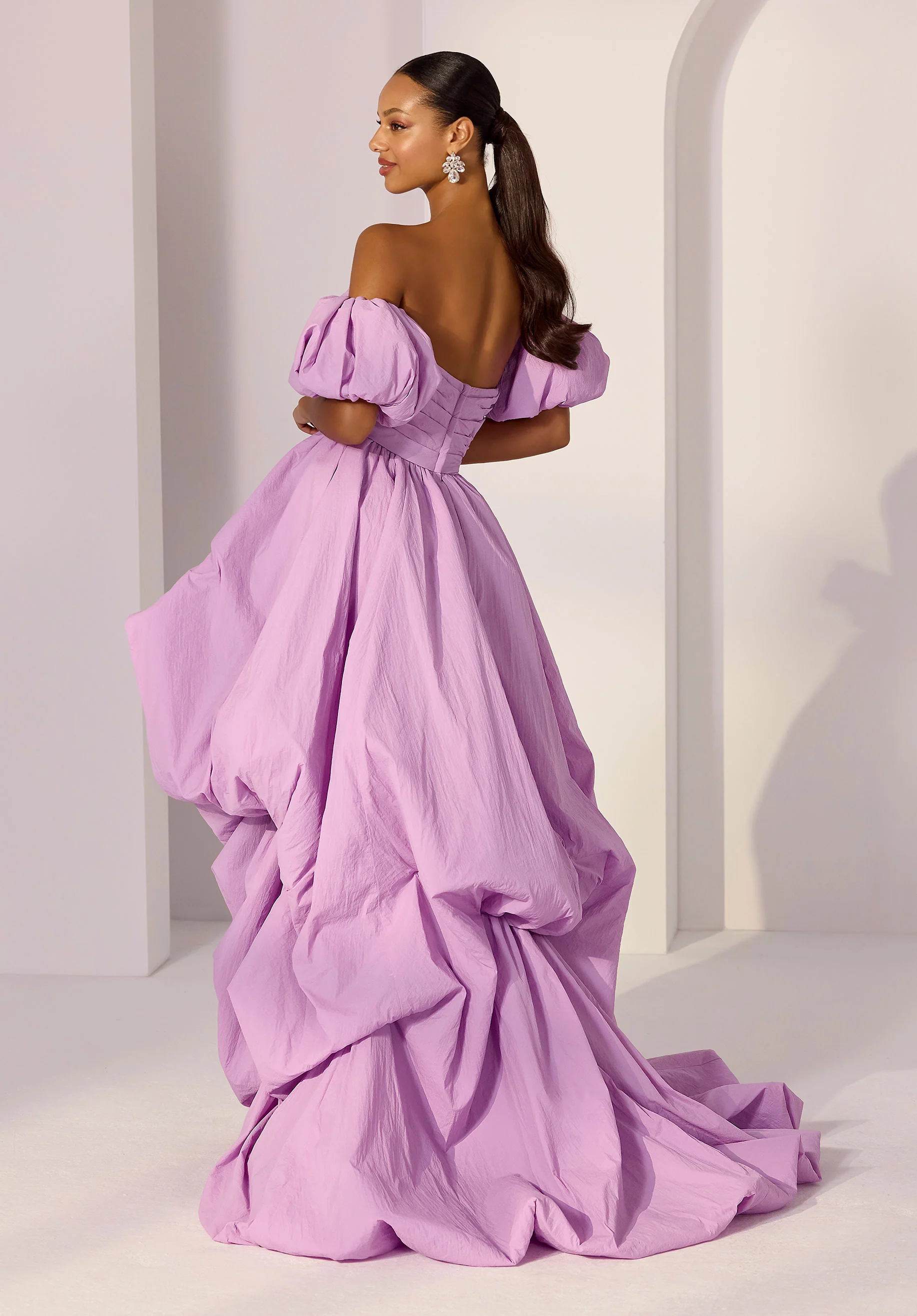 Hi Low Crepe Taffeta Party Dress with Detachable Puff Sleeves - Image 3