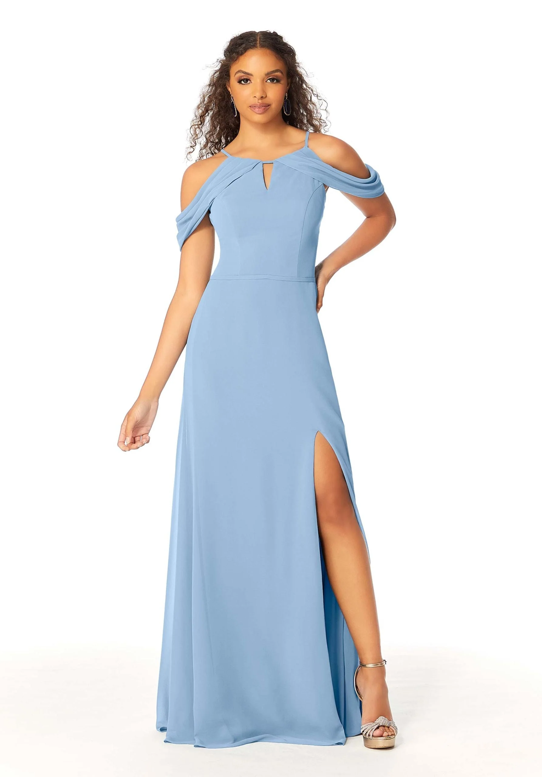 High Neck Chiffon Bridesmaid Dress with Draped Sleeves - Image 19