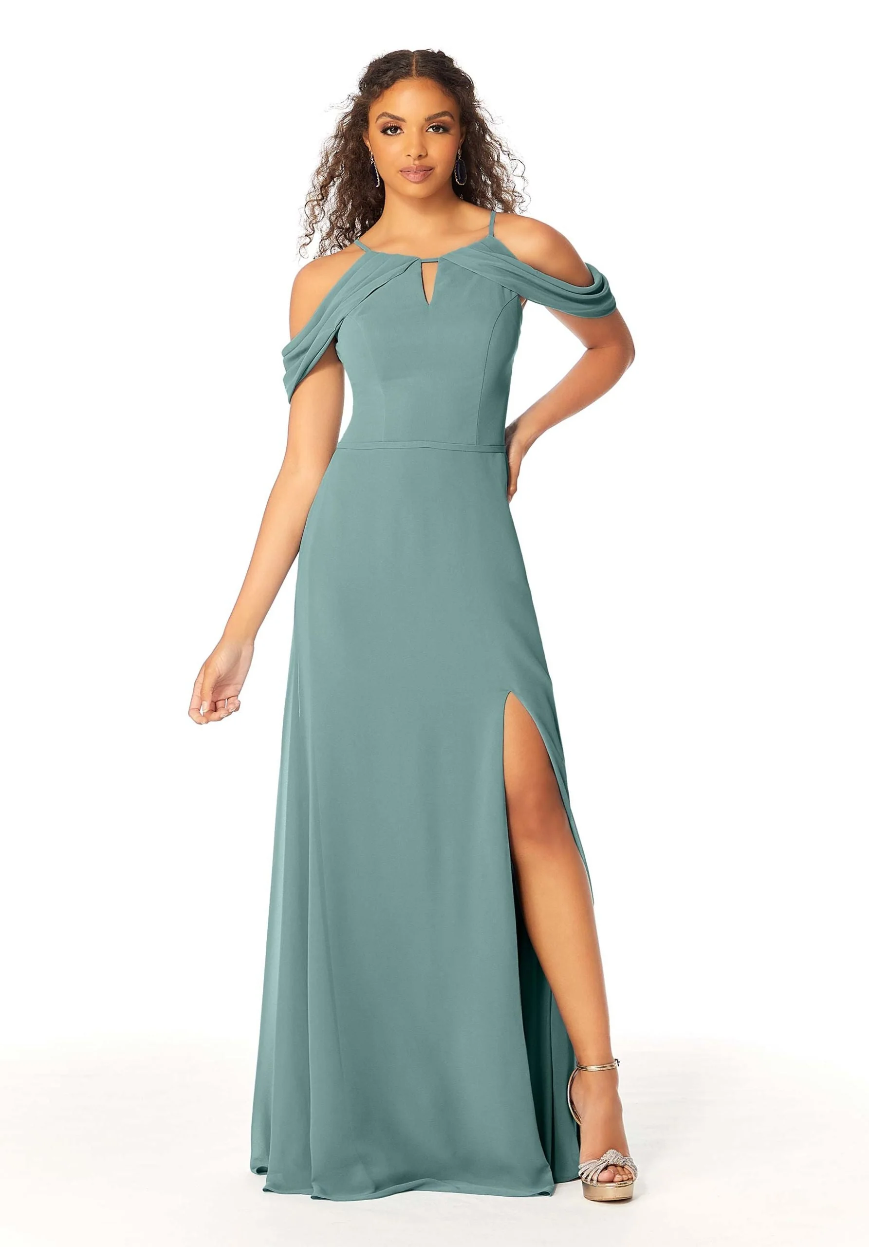 High Neck Chiffon Bridesmaid Dress with Draped Sleeves - Image 20