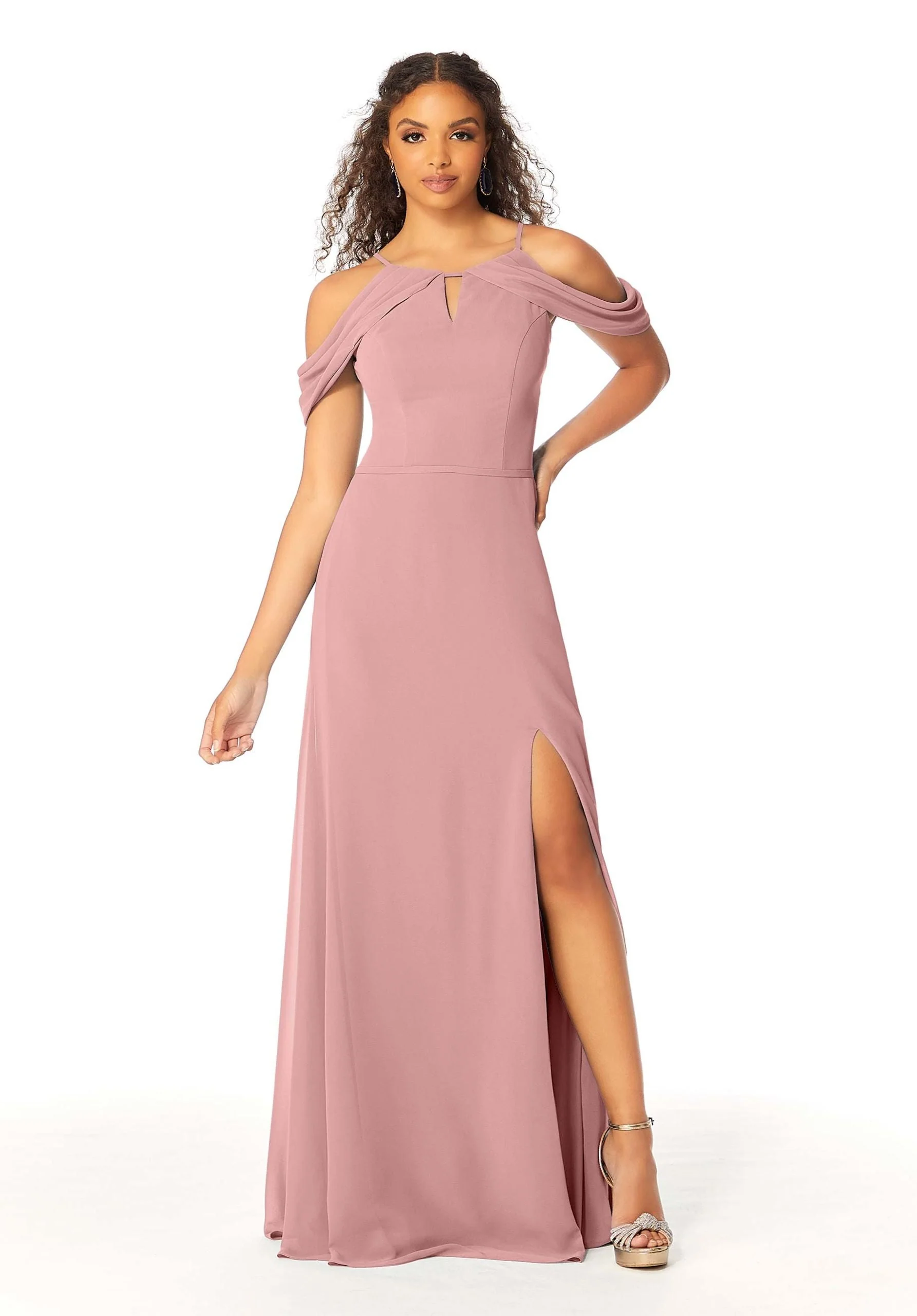 High Neck Chiffon Bridesmaid Dress with Draped Sleeves - Image 21