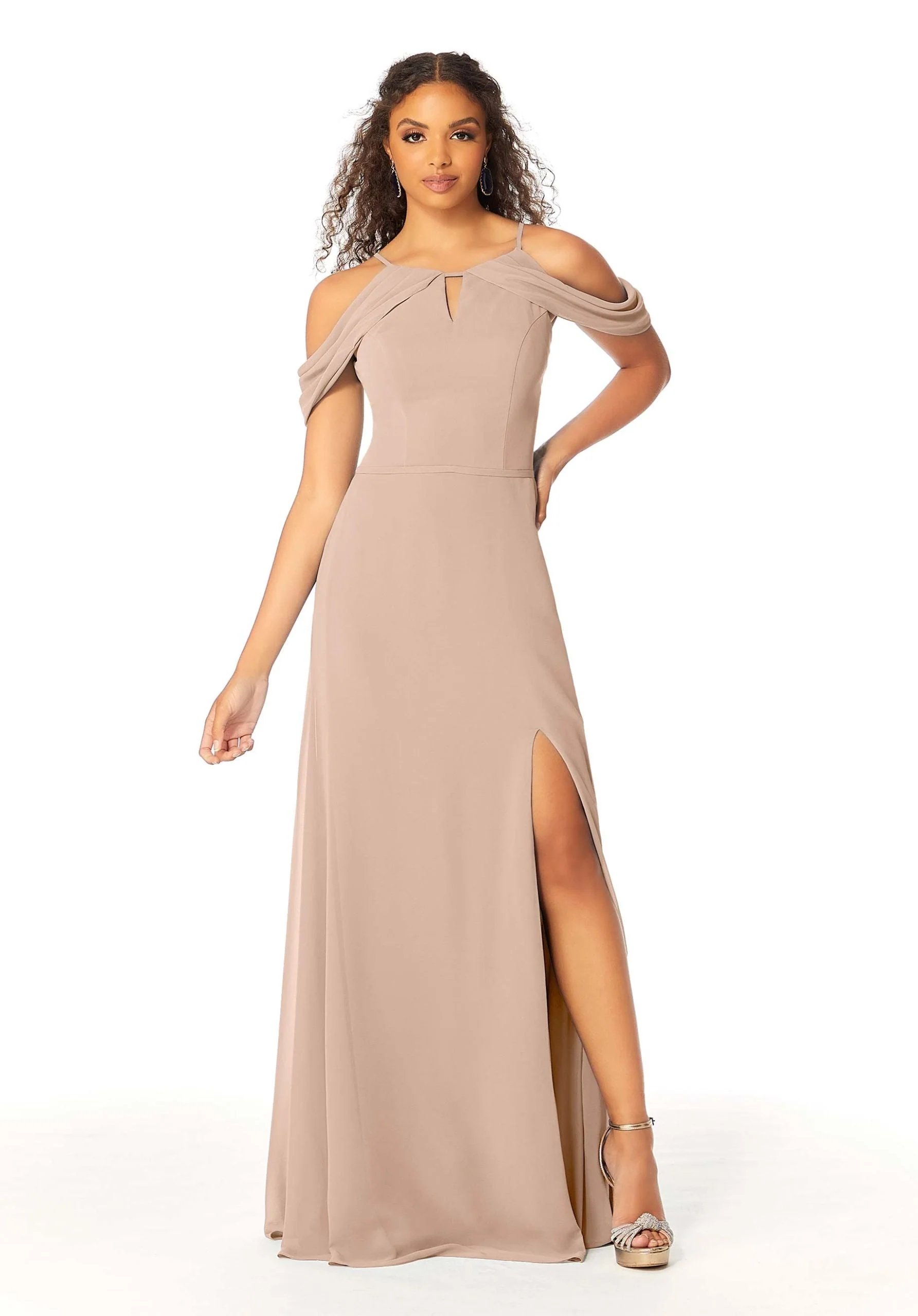 High Neck Chiffon Bridesmaid Dress with Draped Sleeves - Image 31