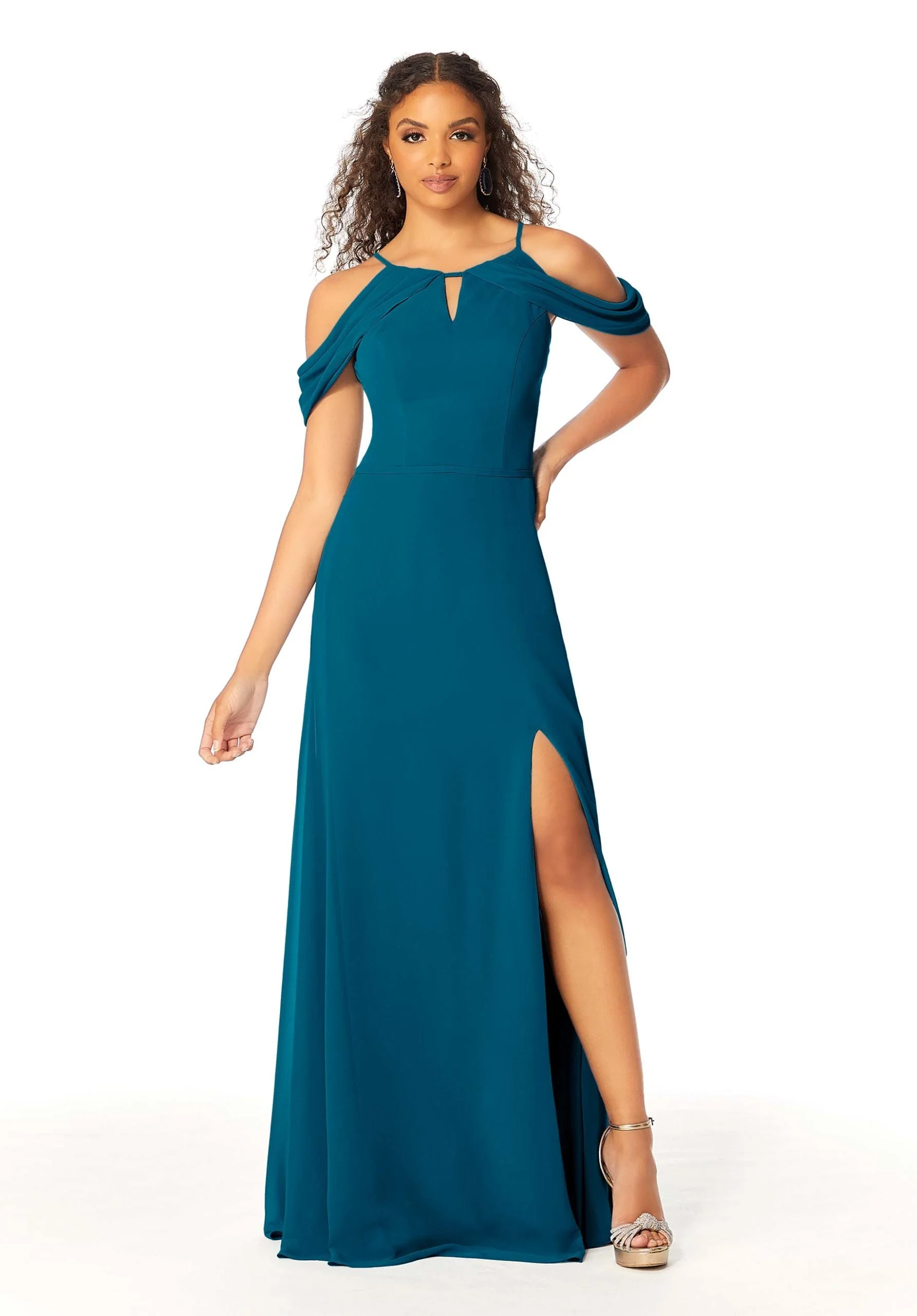 High Neck Chiffon Bridesmaid Dress with Draped Sleeves - Image 32