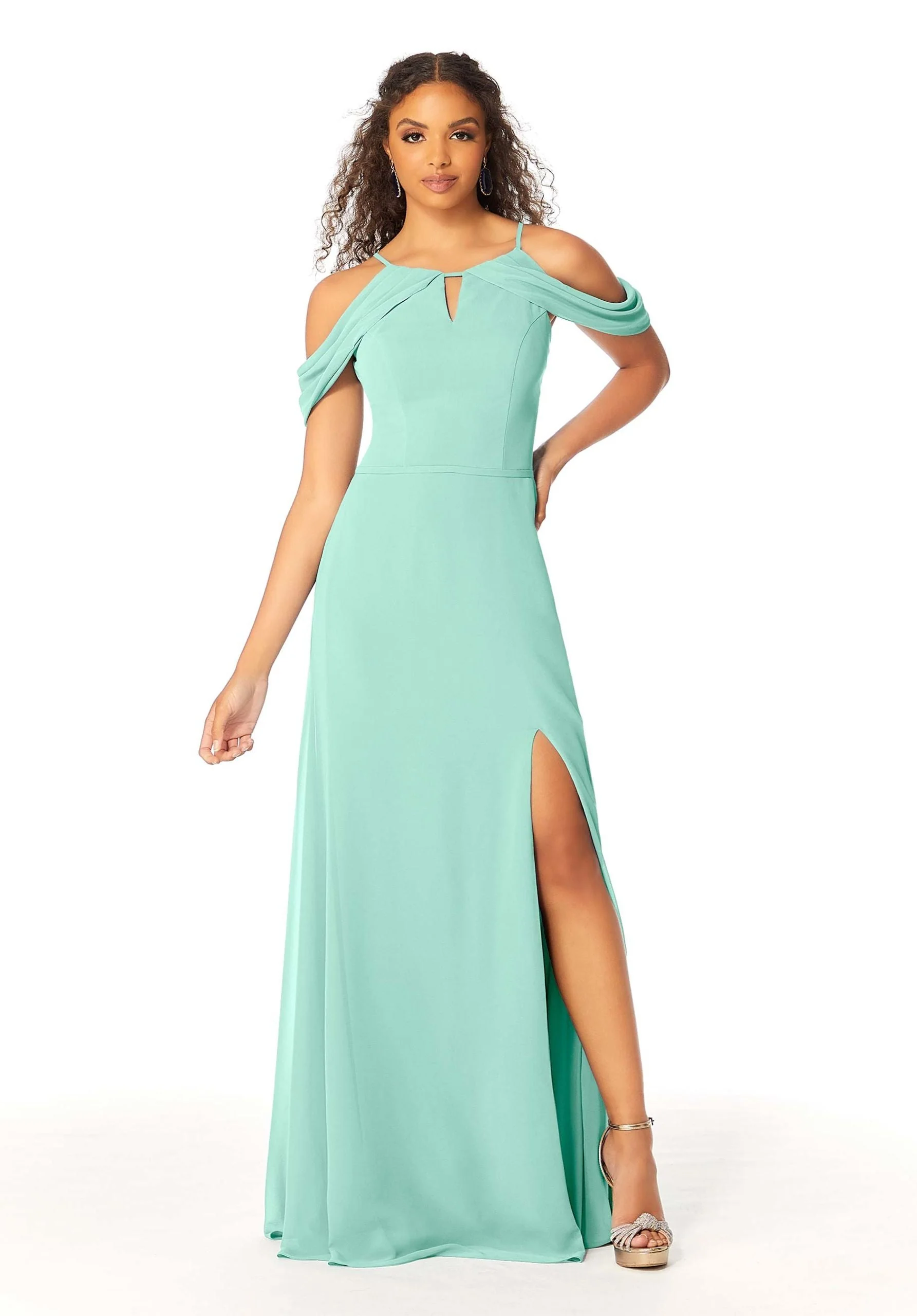 High Neck Chiffon Bridesmaid Dress with Draped Sleeves - Image 33