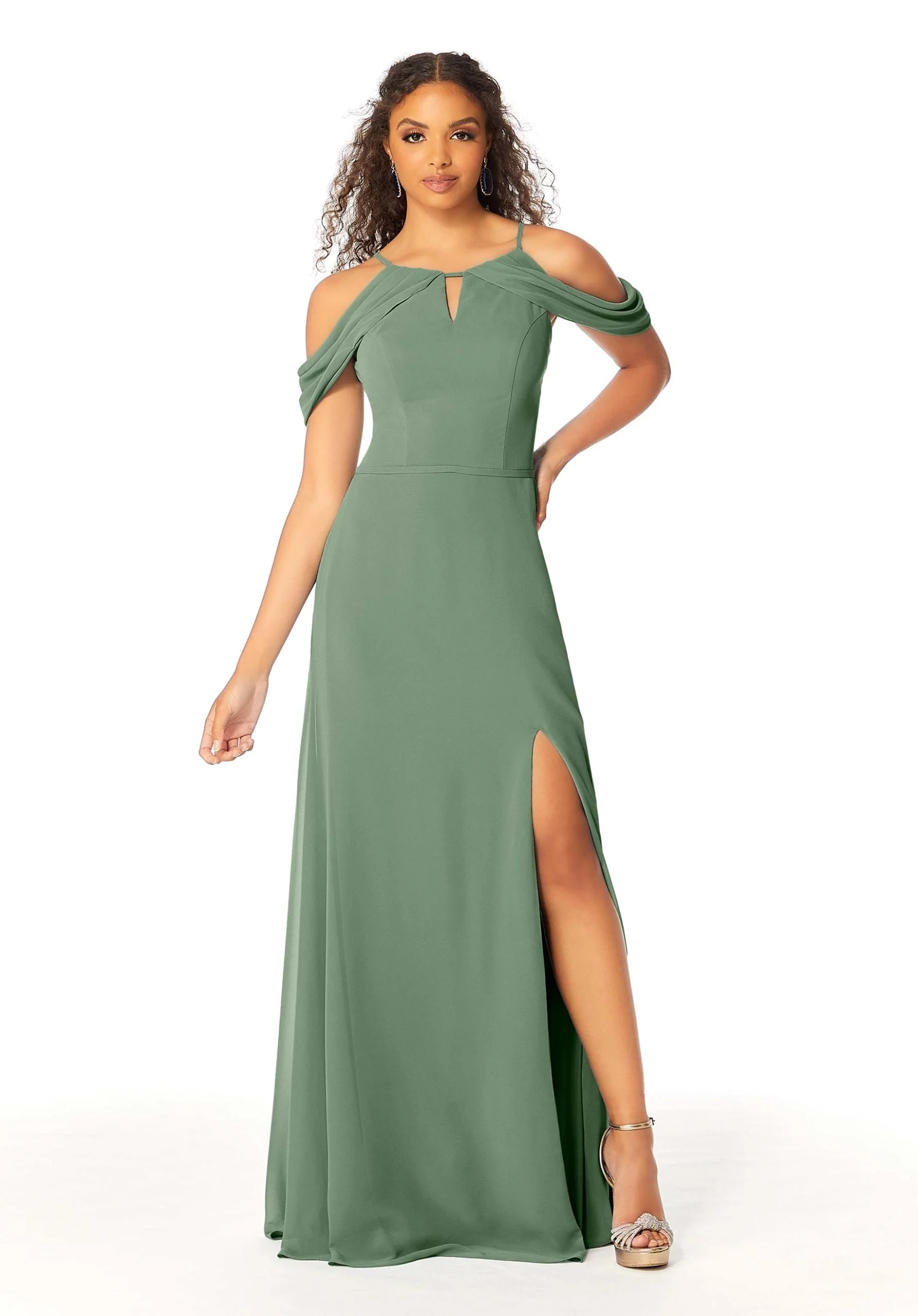 High Neck Chiffon Bridesmaid Dress with Draped Sleeves - Image 34