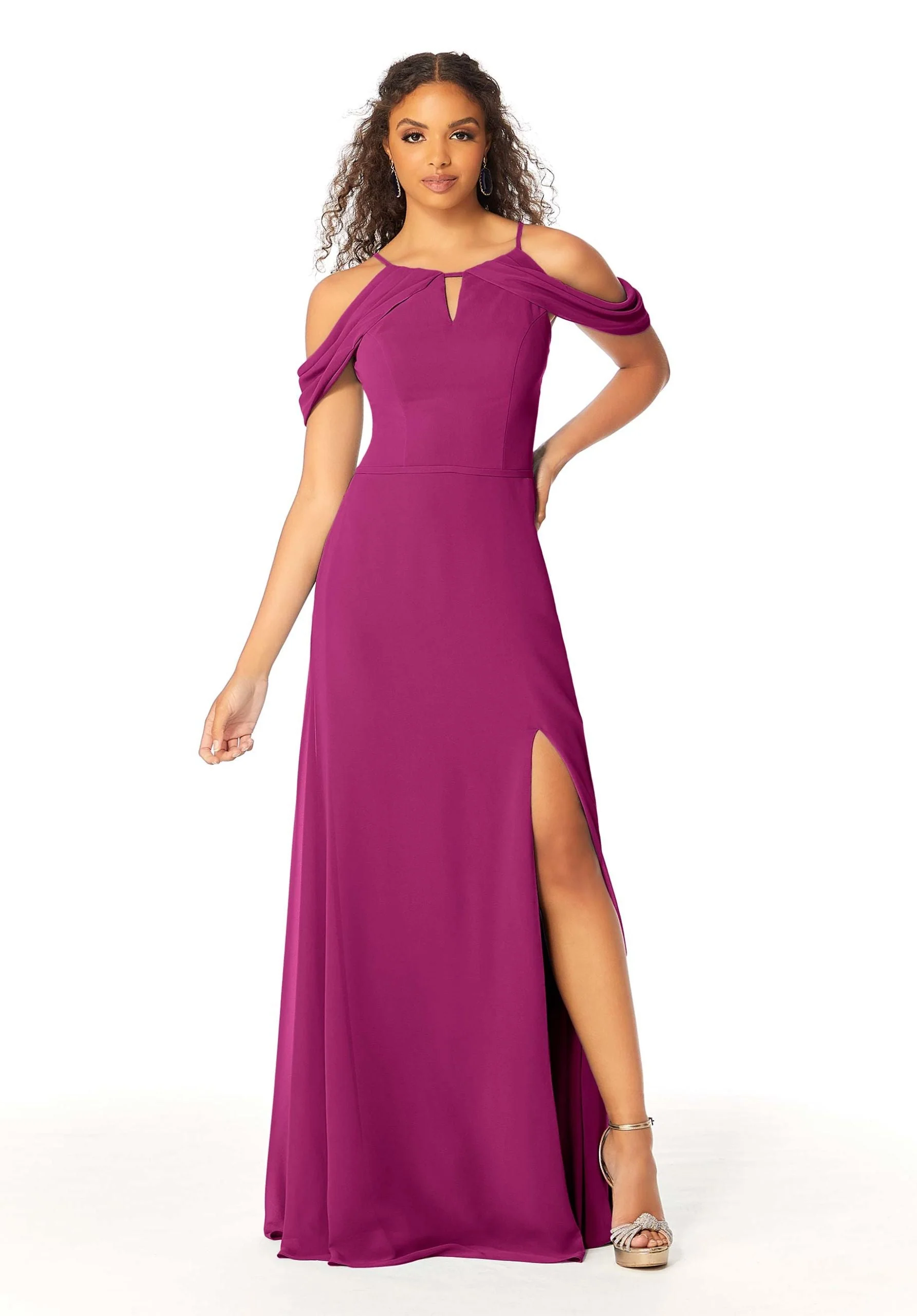 High Neck Chiffon Bridesmaid Dress with Draped Sleeves - Image 35