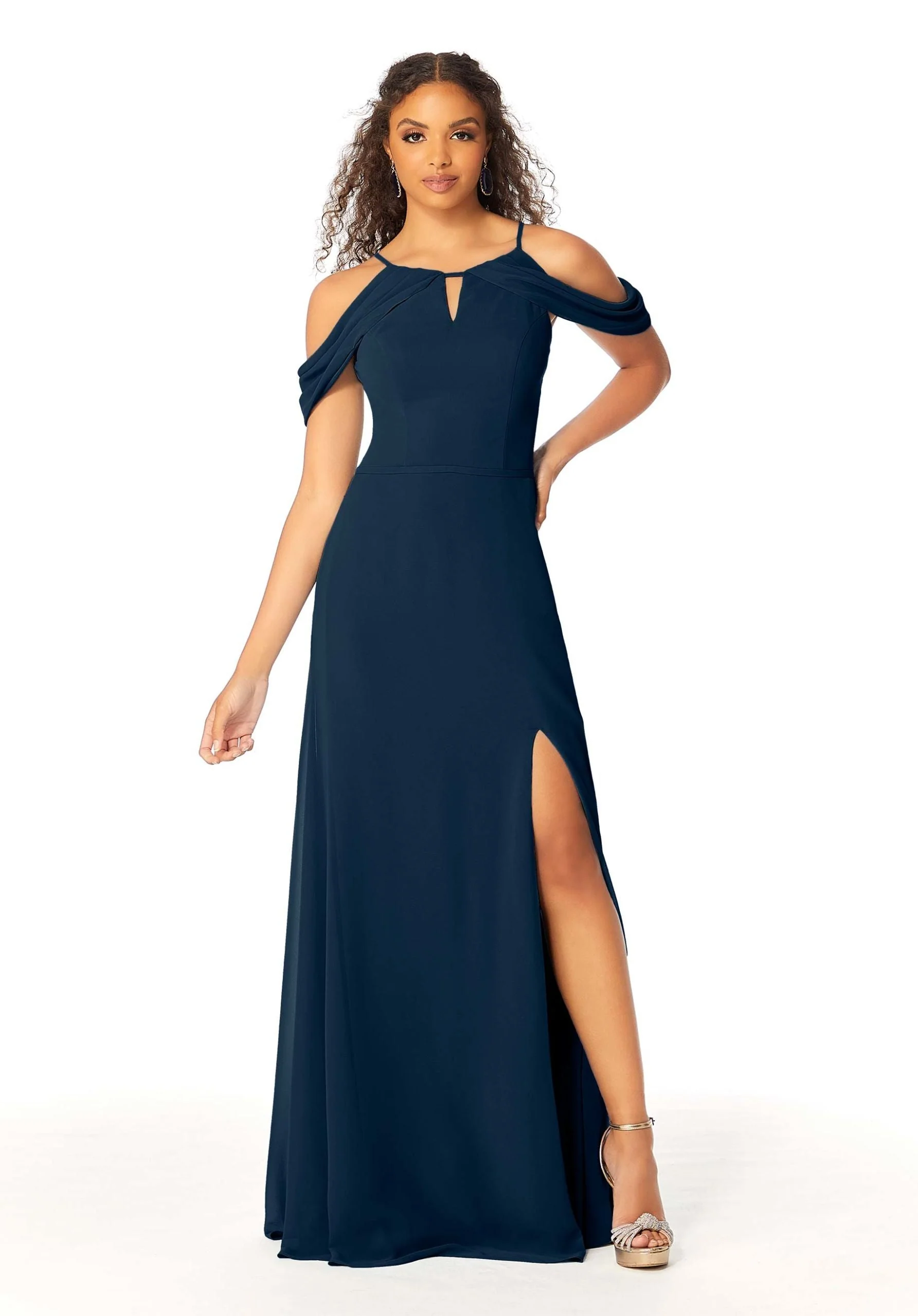 High Neck Chiffon Bridesmaid Dress with Draped Sleeves - Image 36