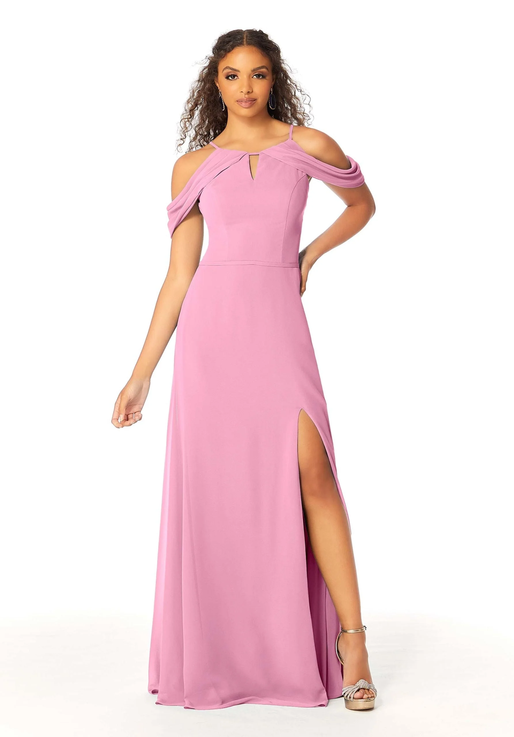 High Neck Chiffon Bridesmaid Dress with Draped Sleeves - Image 38