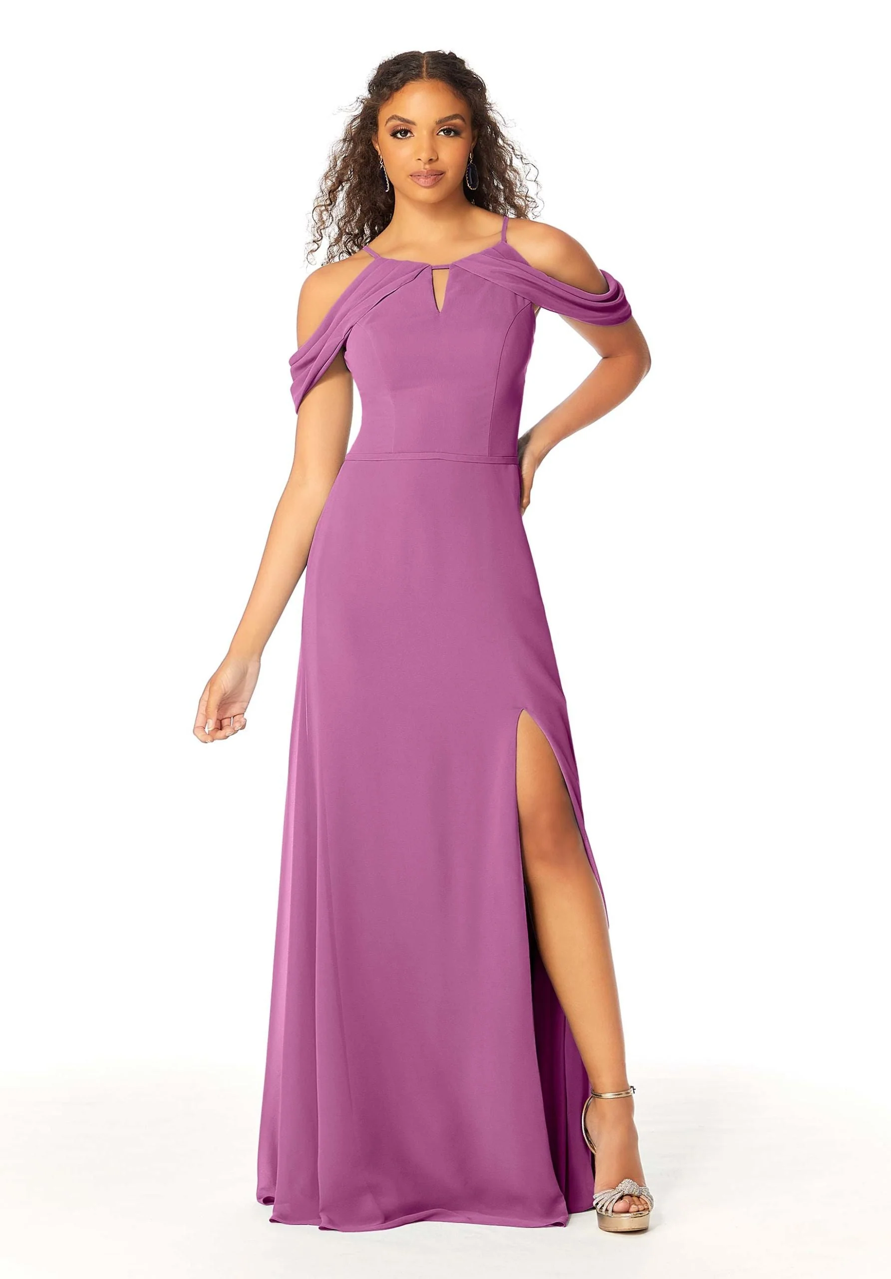 High Neck Chiffon Bridesmaid Dress with Draped Sleeves - Image 39