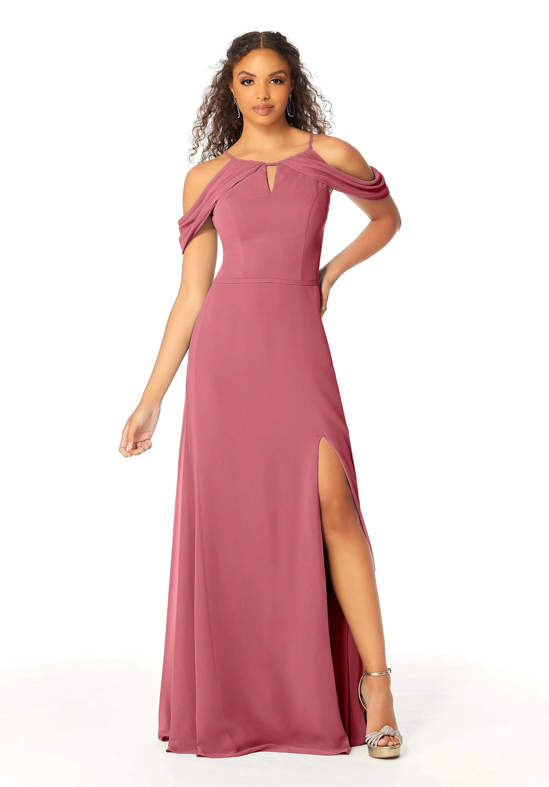 High Neck Chiffon Bridesmaid Dress with Draped Sleeves - Image 40