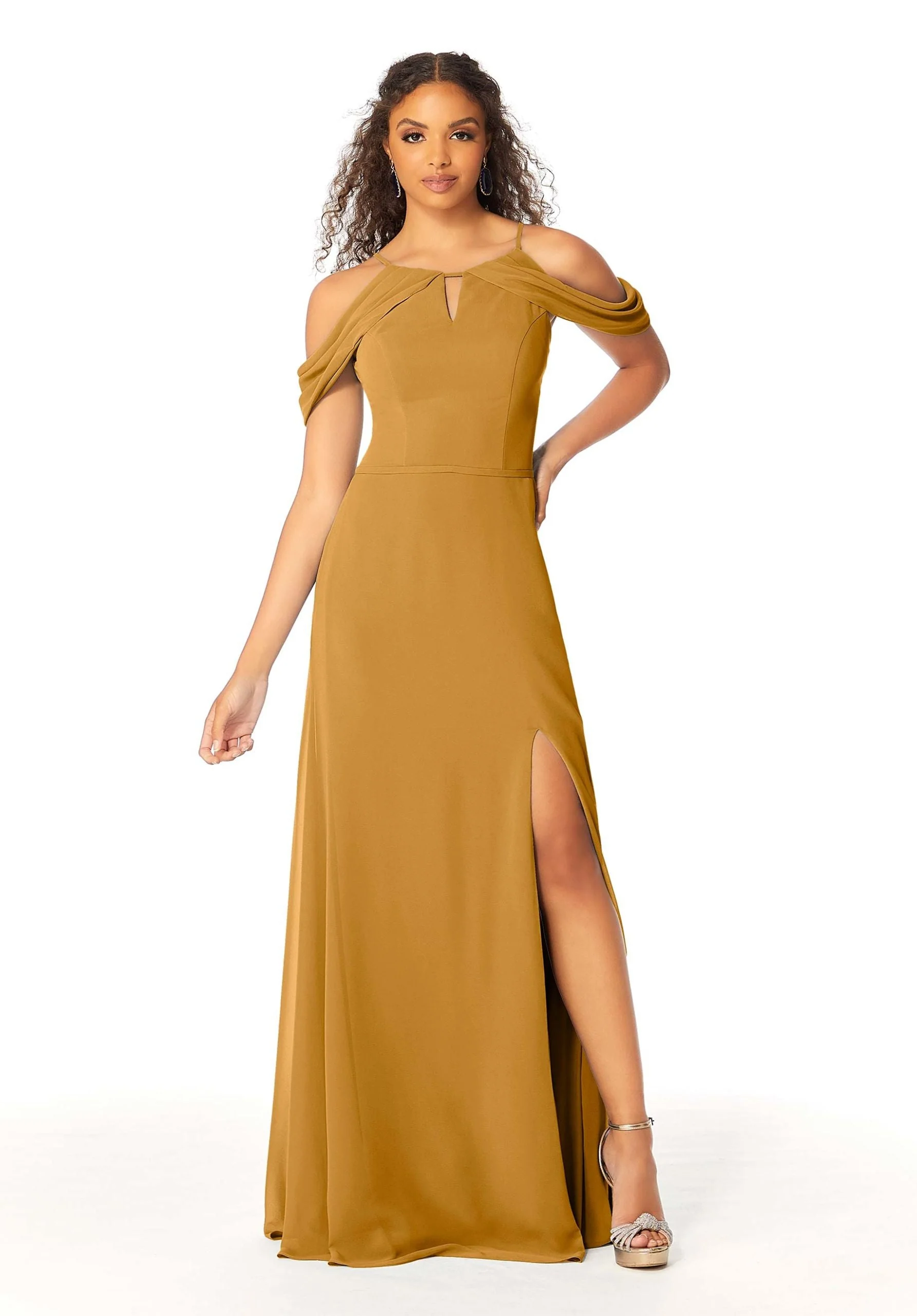 High Neck Chiffon Bridesmaid Dress with Draped Sleeves - Image 41