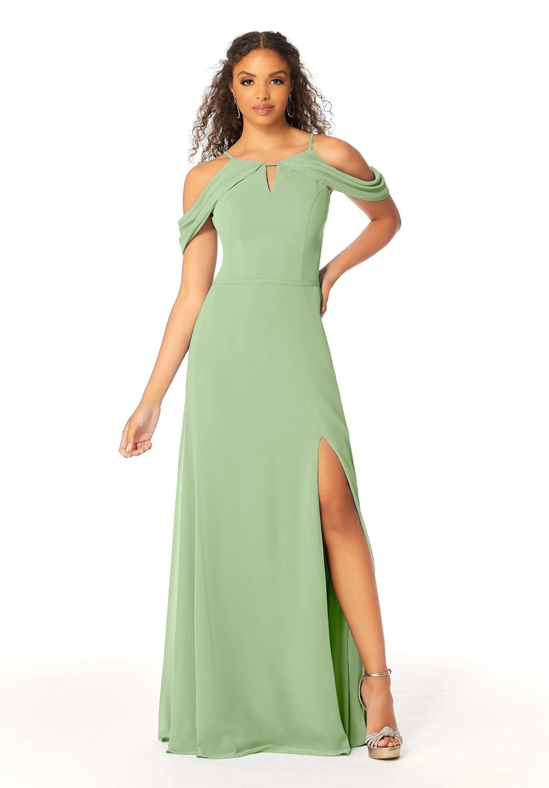 High Neck Chiffon Bridesmaid Dress with Draped Sleeves - Image 42