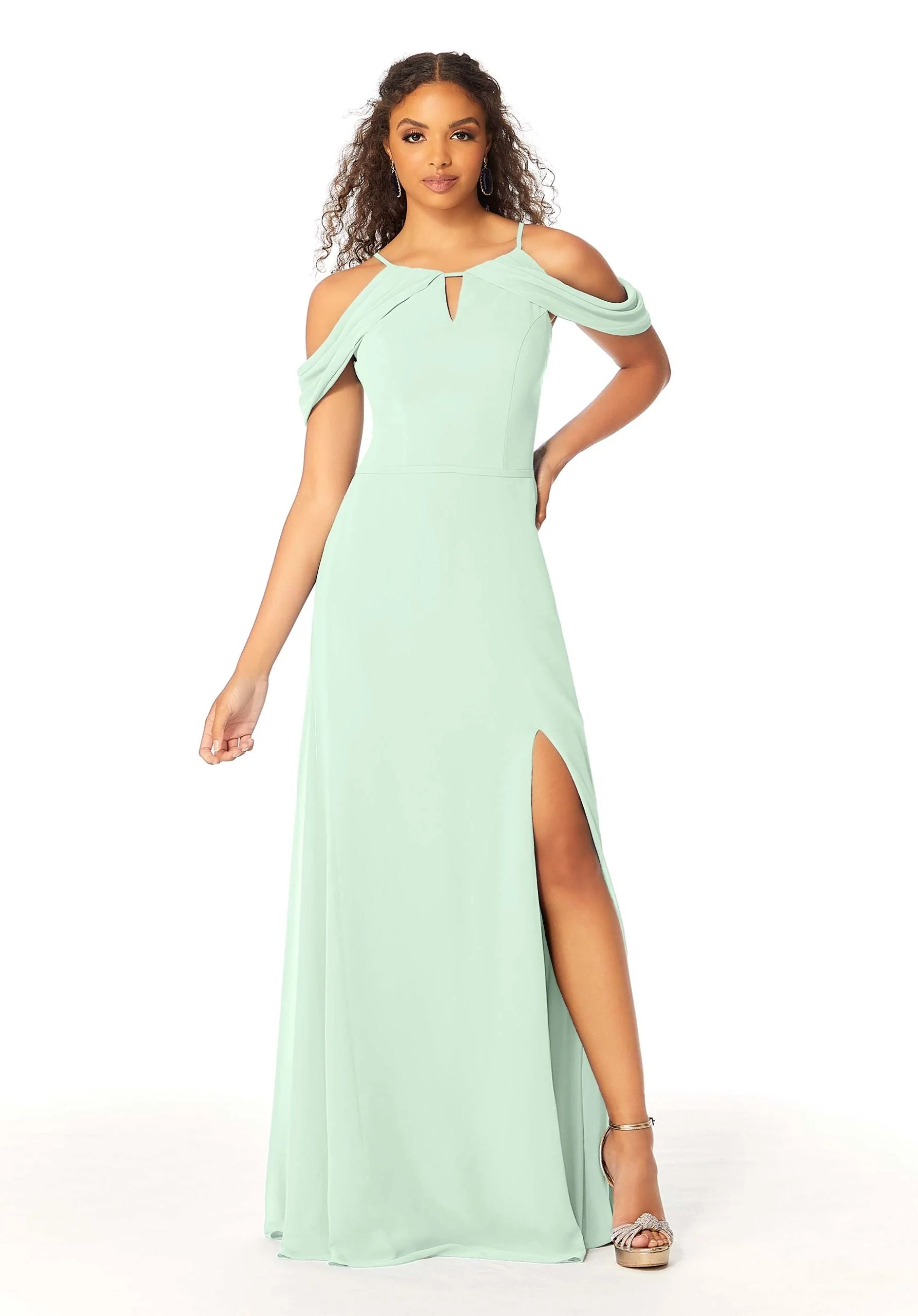 High Neck Chiffon Bridesmaid Dress with Draped Sleeves - Image 44