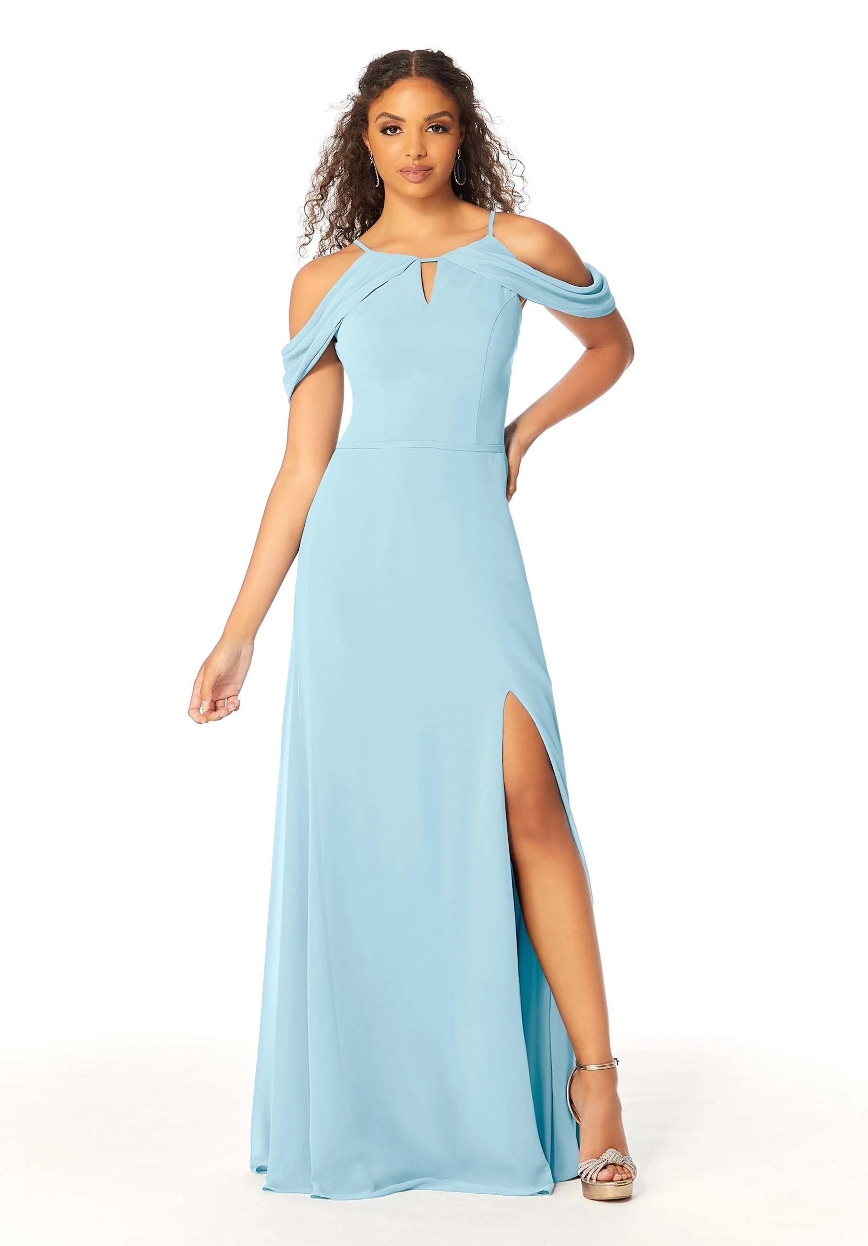 High Neck Chiffon Bridesmaid Dress with Draped Sleeves - Image 46