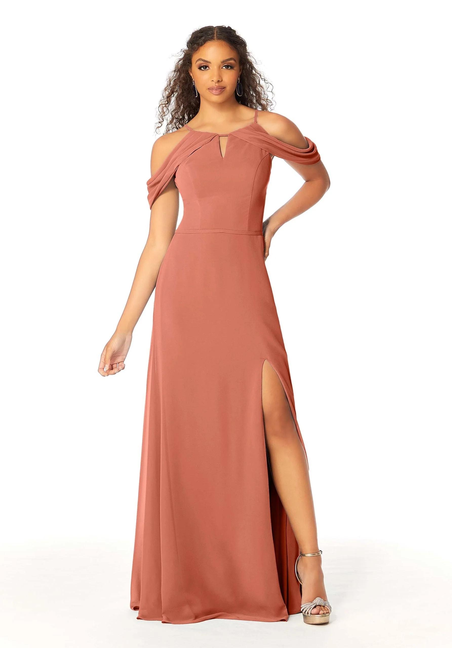 High Neck Chiffon Bridesmaid Dress with Draped Sleeves - Image 49