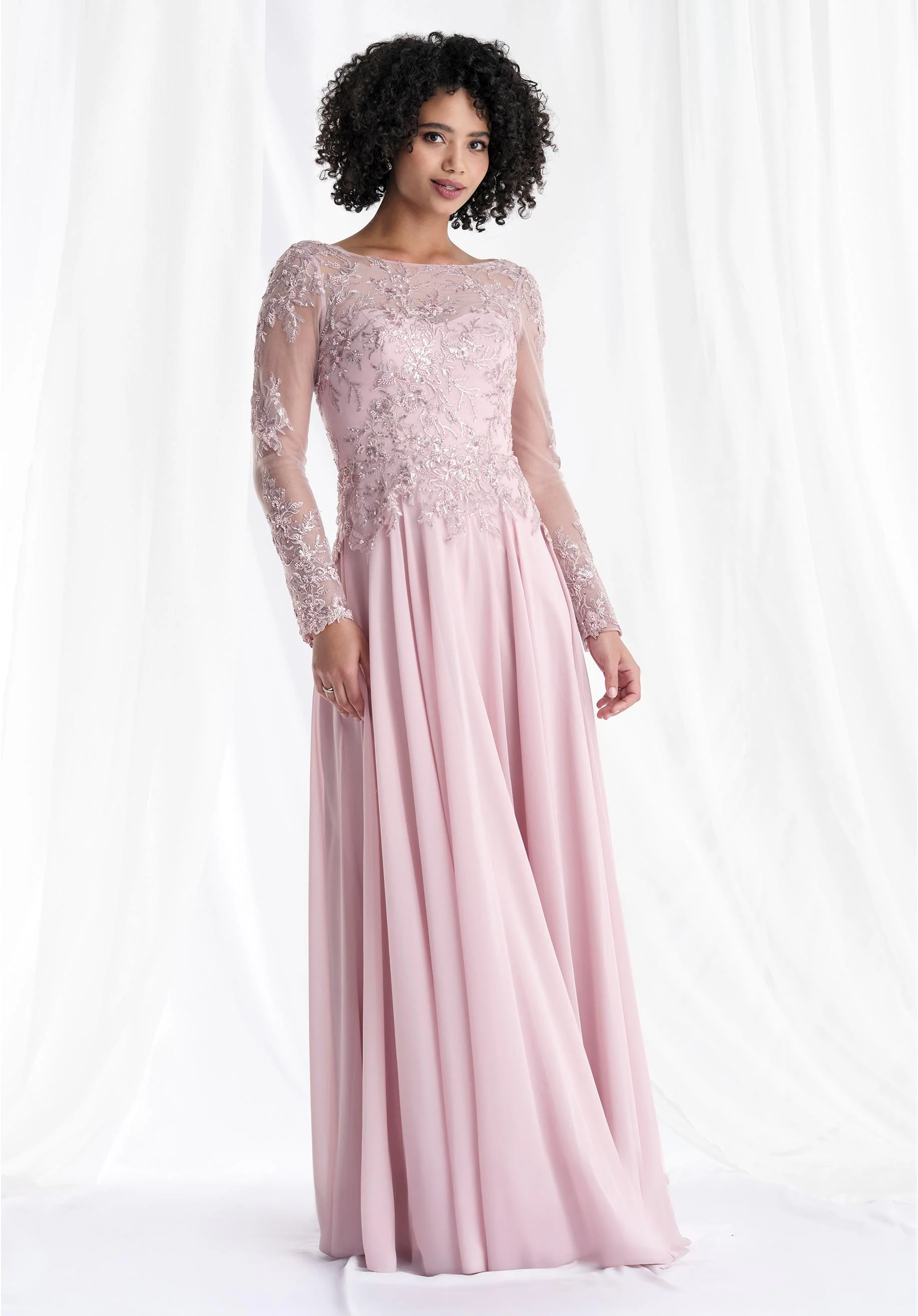 Illusion Beaded Applique Chiffon A-Line Evening Gown - Image 3