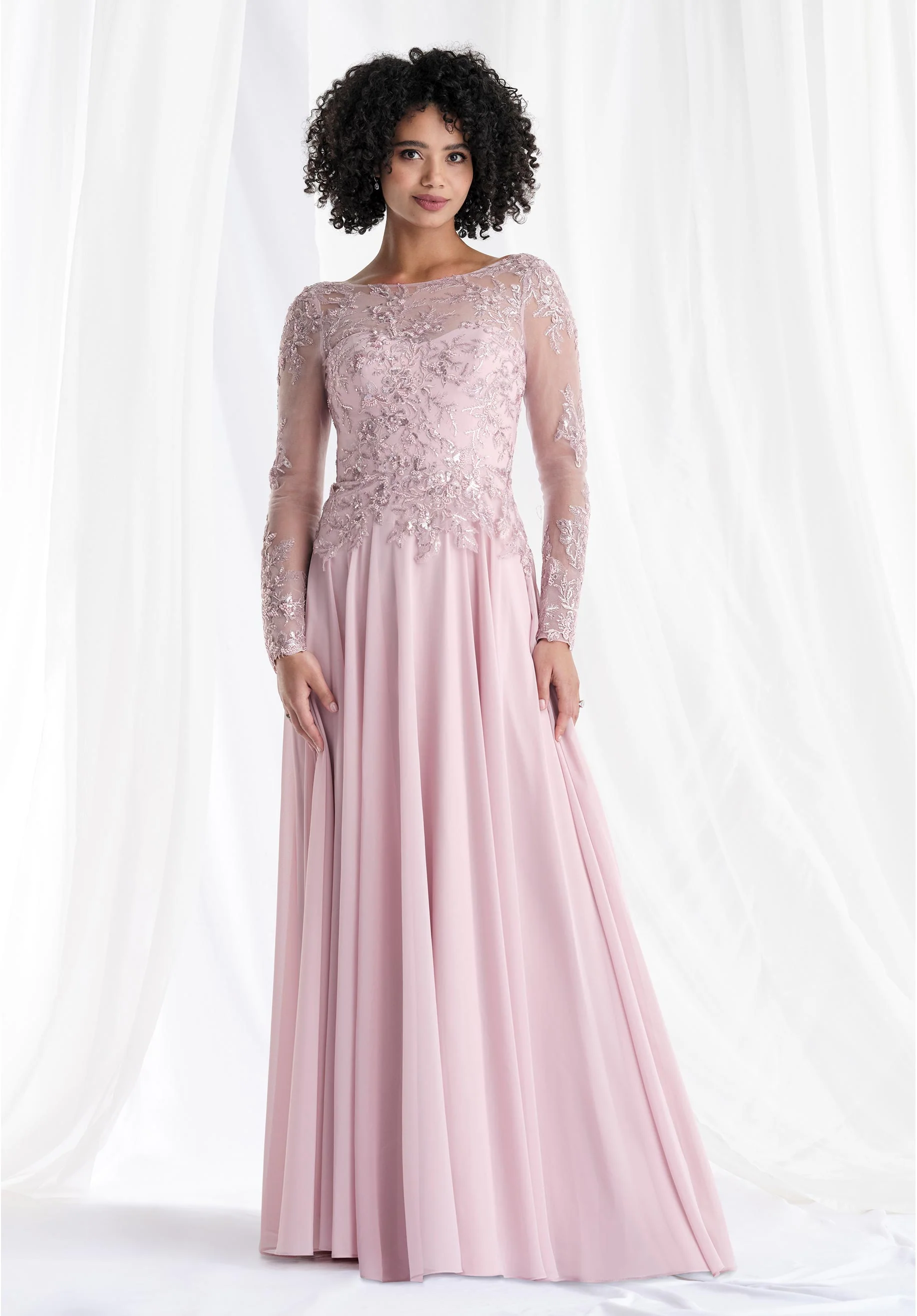 Illusion Beaded Applique Chiffon A-Line Evening Gown - Image 4