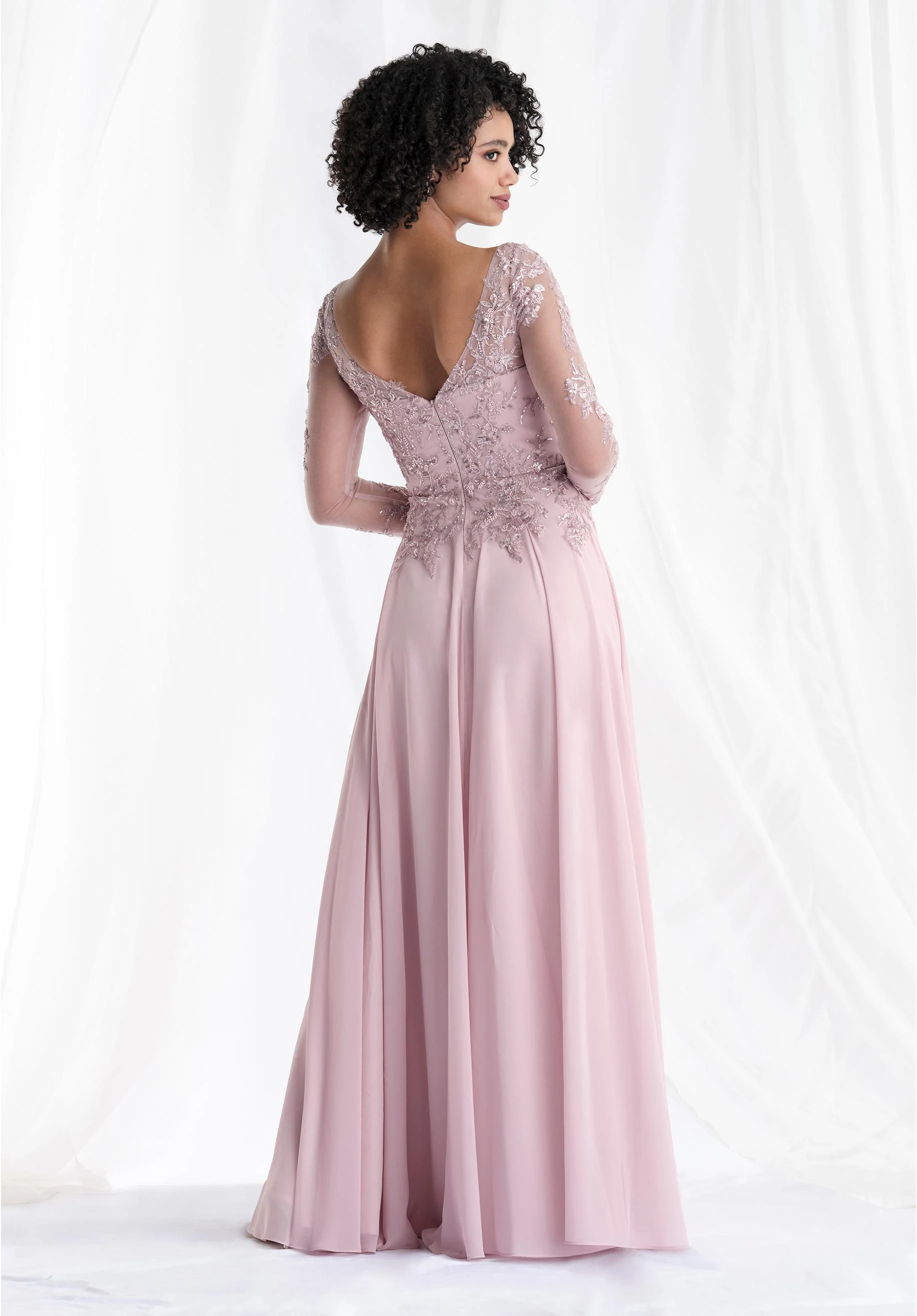 Illusion Beaded Applique Chiffon A-Line Evening Gown - Image 6