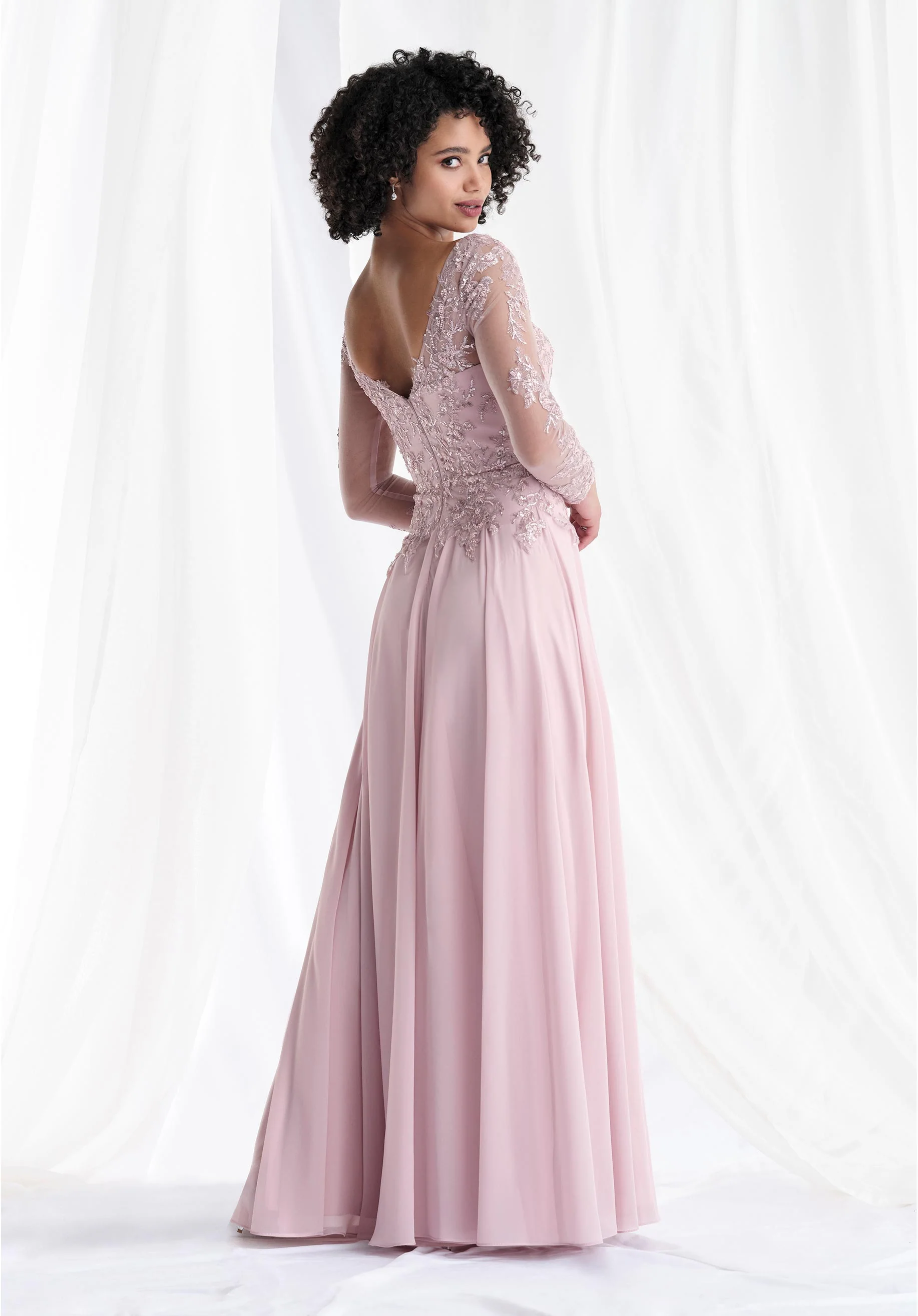 Illusion Beaded Applique Chiffon A-Line Evening Gown - Image 7