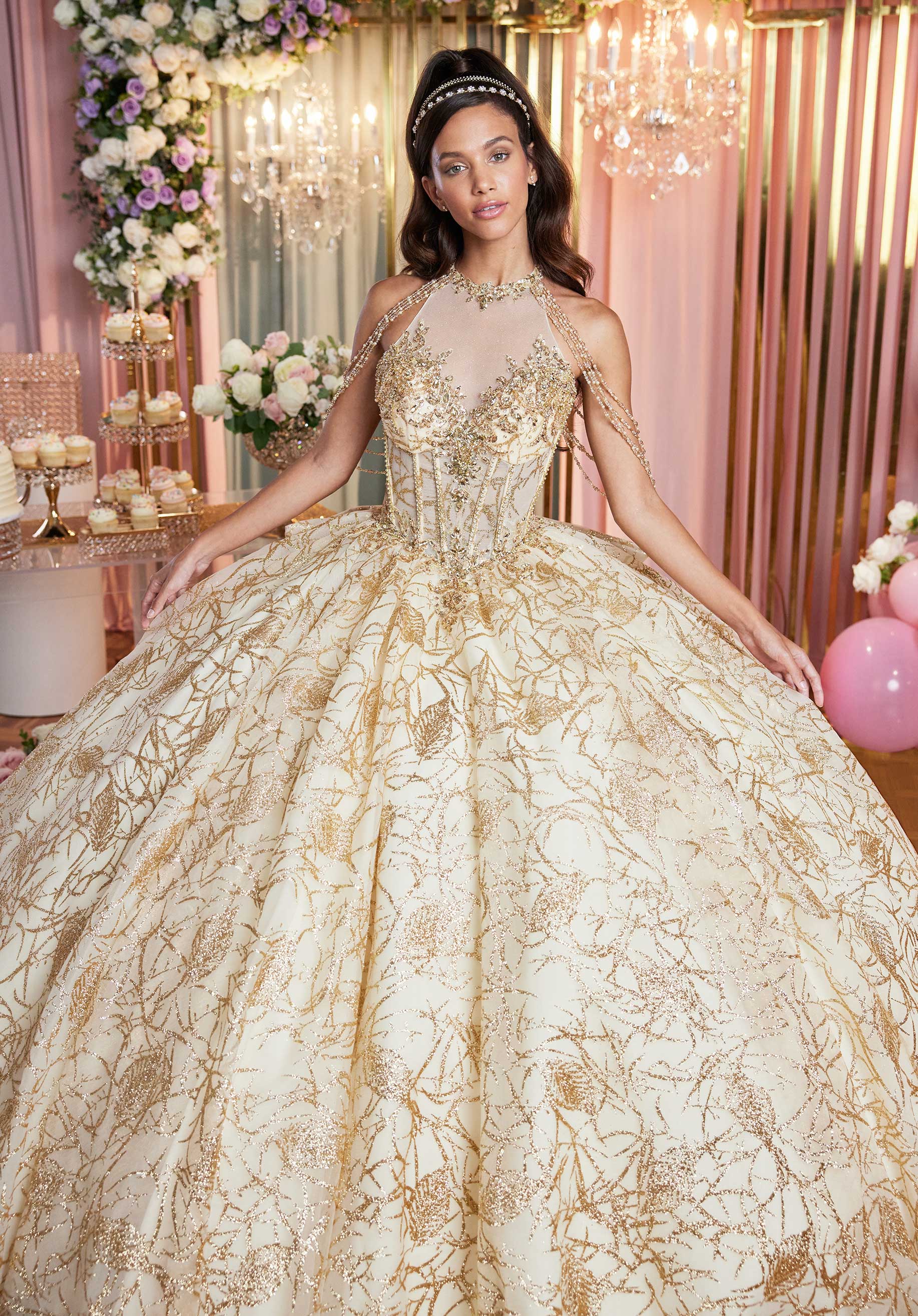 Illusion Halter Quinceañera Dress with Chandelier Sleeves - Image 3