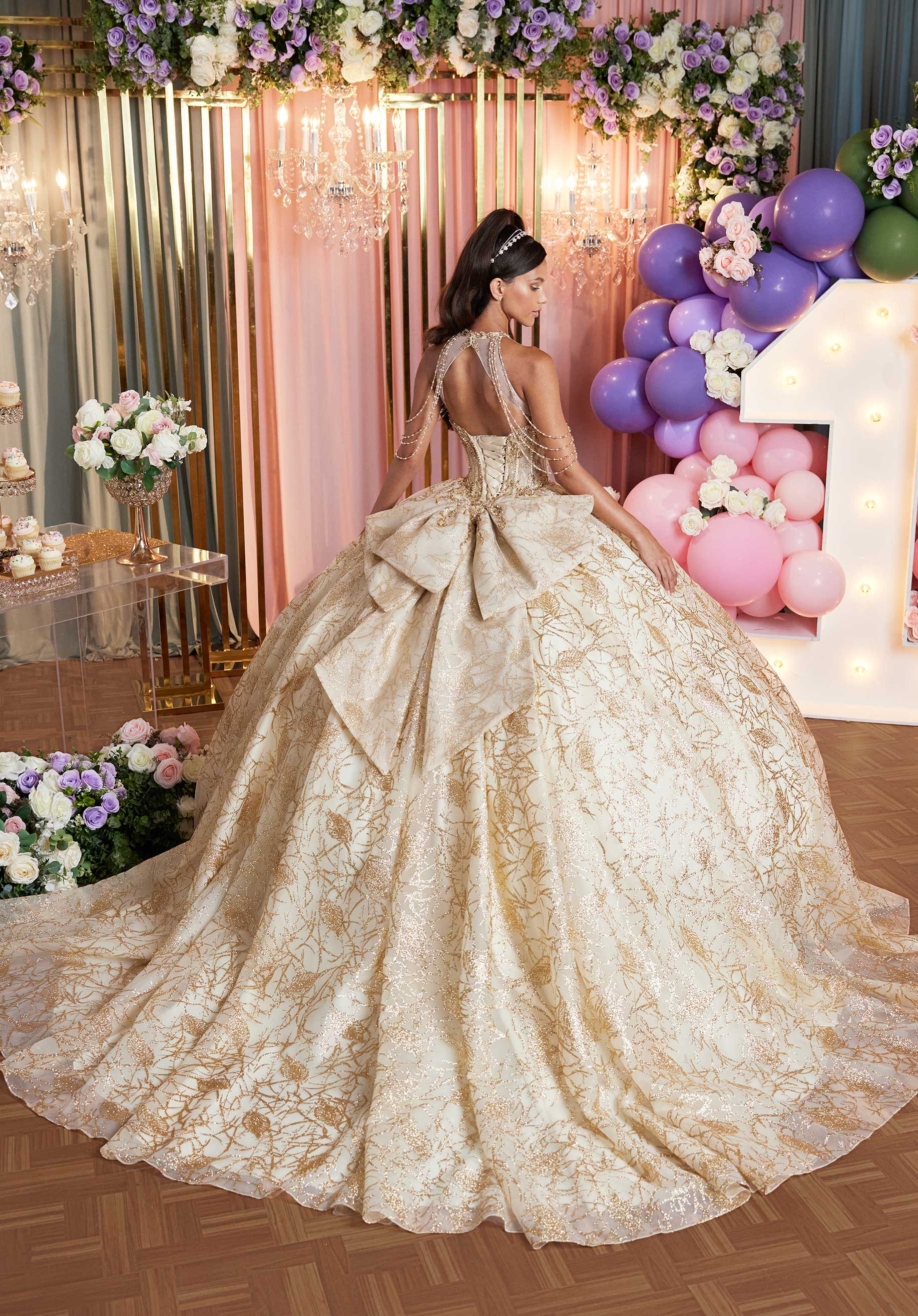 Illusion Halter Quinceañera Dress with Chandelier Sleeves - Image 5