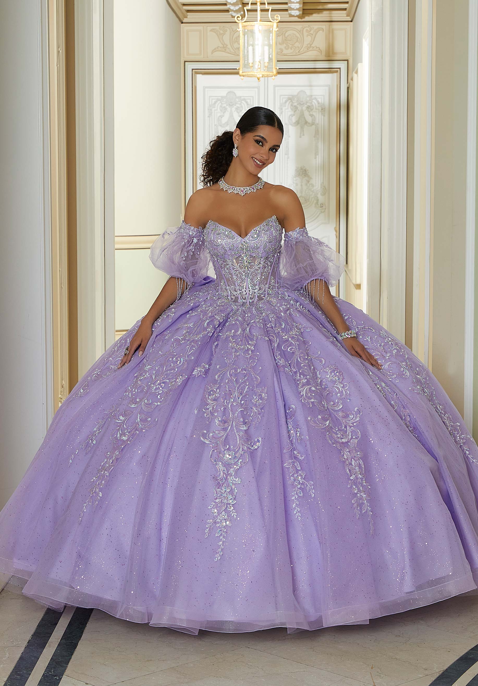 Jewel Beaded and Metallic Embroidered Quinceañera Dress with Petal Train - Image 3