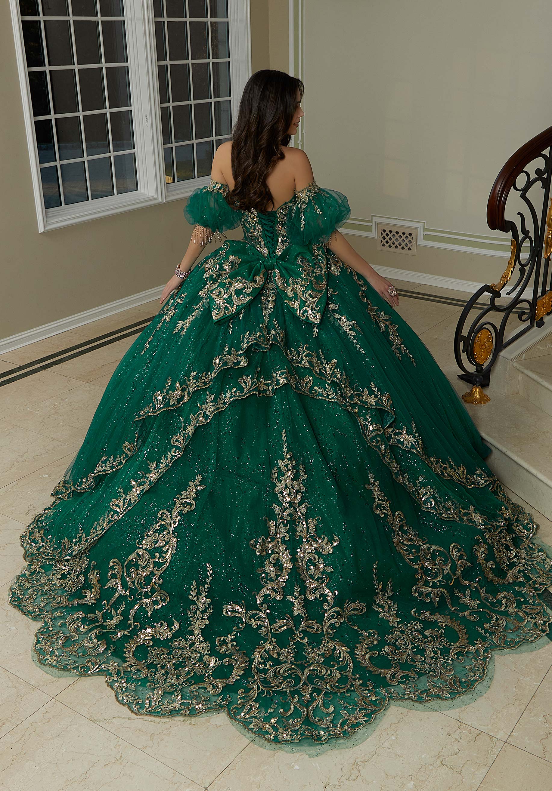 Jewel Beaded and Metallic Embroidered Quinceañera Dress with Petal Train - Image 5