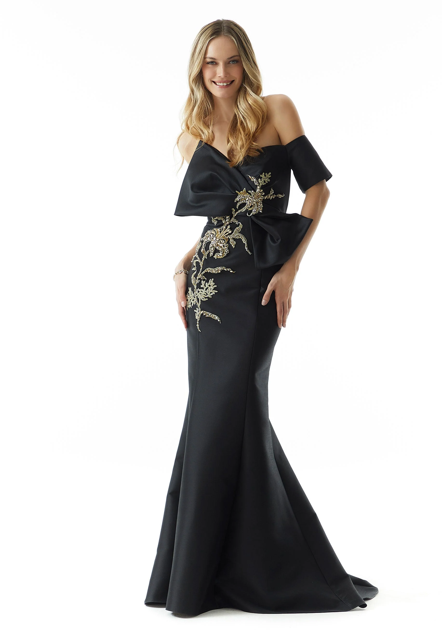 Larissa Satin Fit and Flare Evening Gown with Jeweled Beaded Embroidery - Image 3