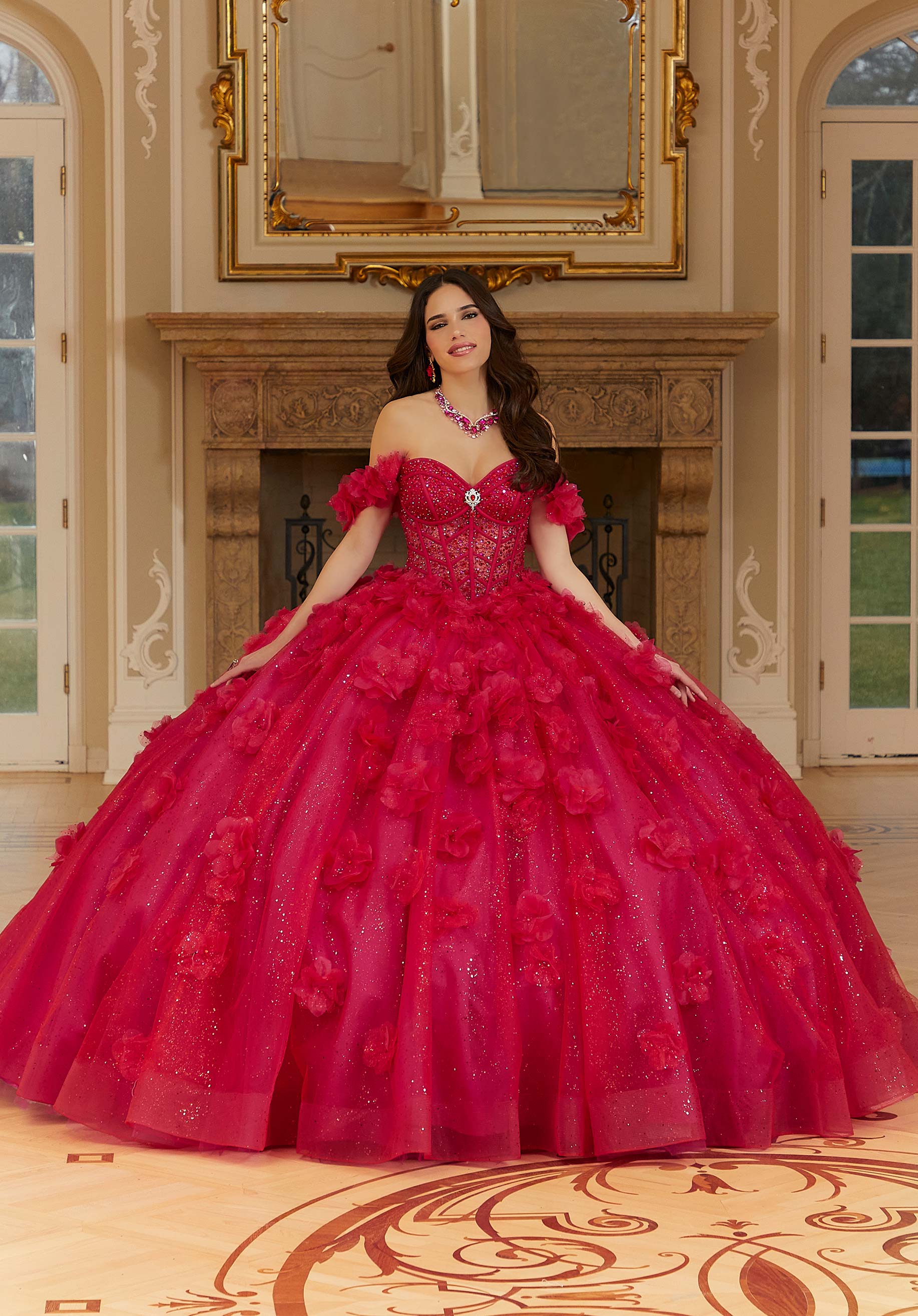 Layered Sparkle Tulle Quinceañera Dress with Three-Dimensional Flowers - Image 3