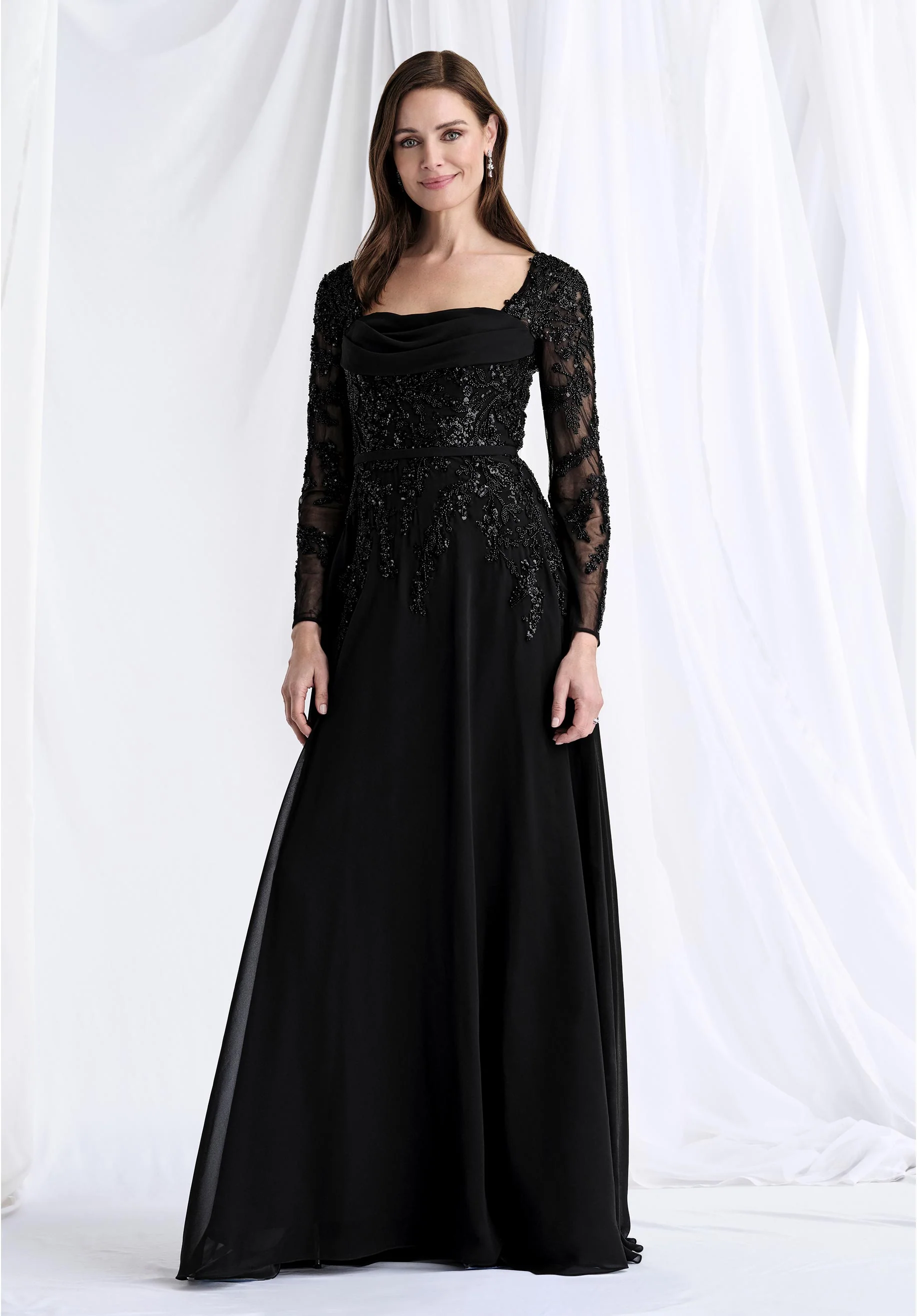Long Sleeve Beaded Net and Chiffon Evening Gown - Image 3