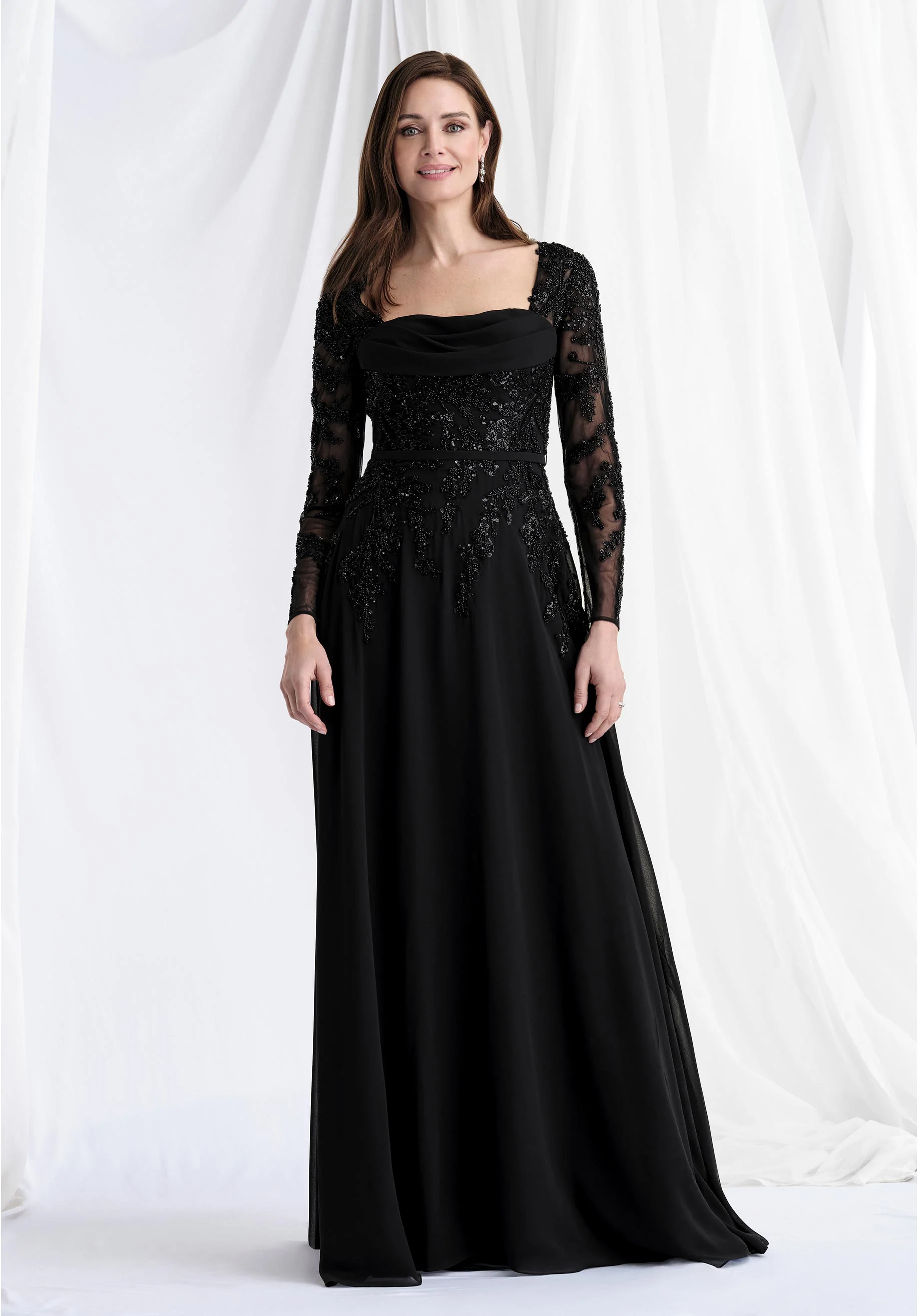 Long Sleeve Beaded Net and Chiffon Evening Gown - Image 4
