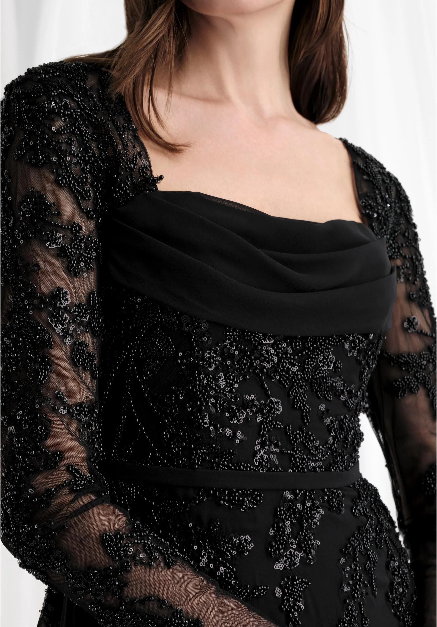 Long Sleeve Beaded Net and Chiffon Evening Gown - Image 5