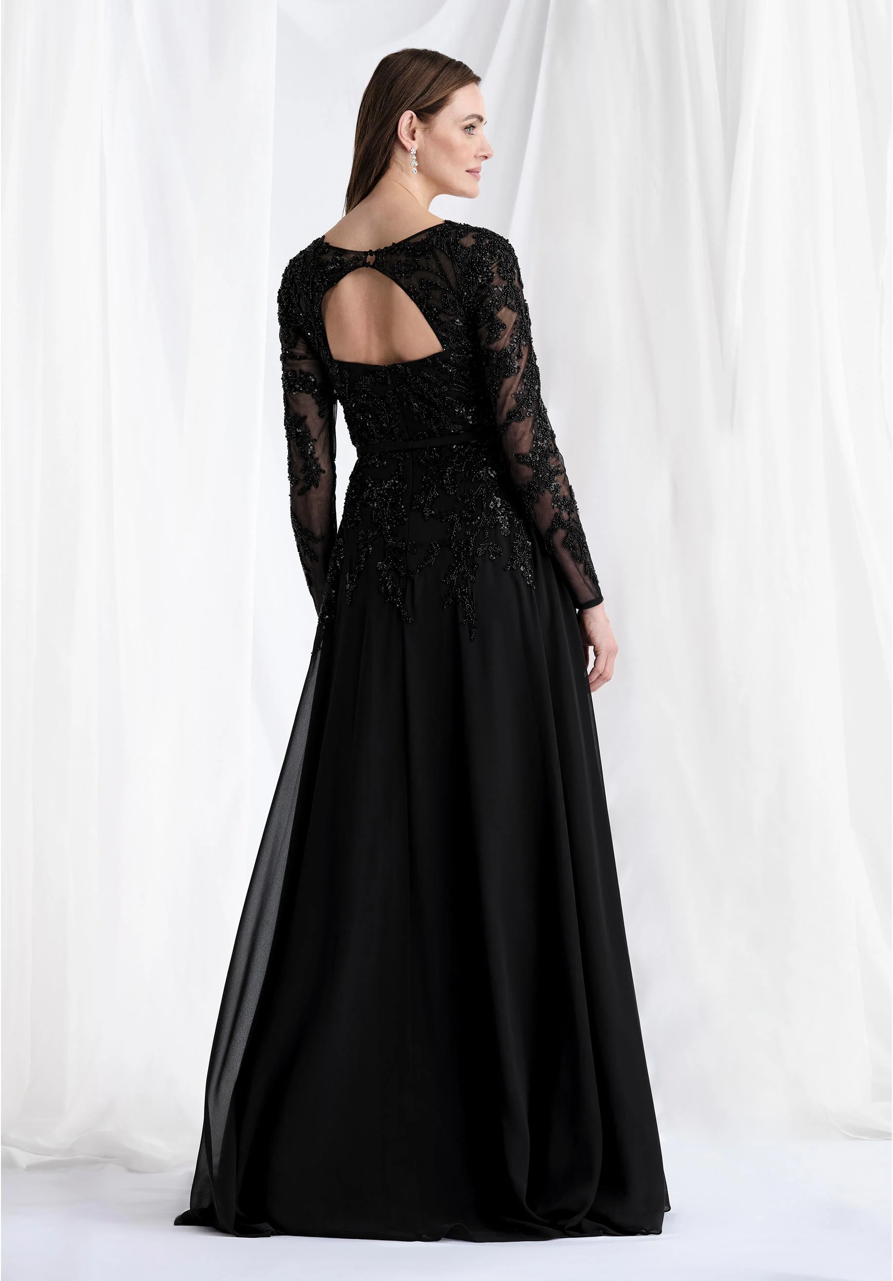 Long Sleeve Beaded Net and Chiffon Evening Gown - Image 6