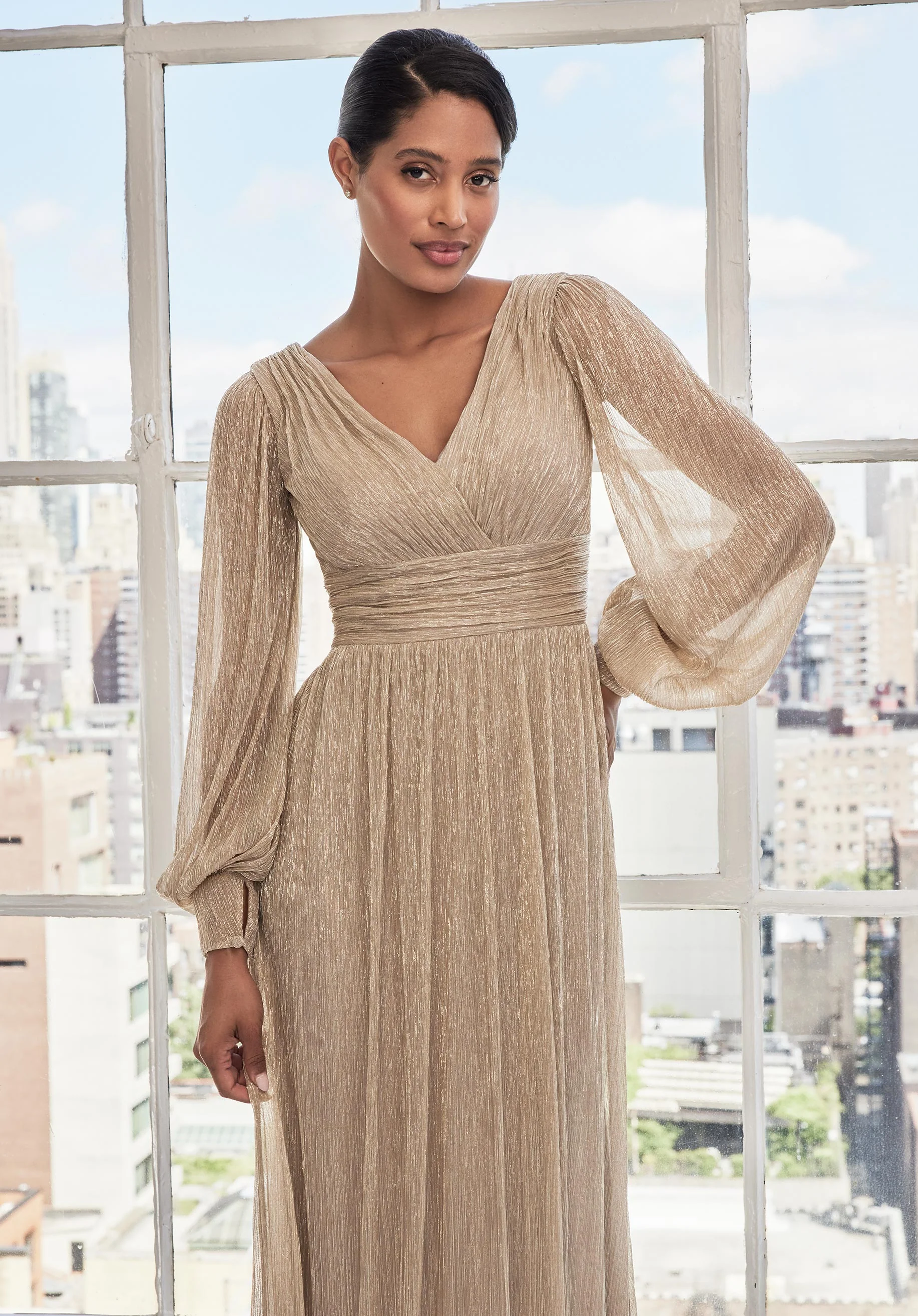 Long Sleeve Draped Metallic Knit Evening Gown - Image 2