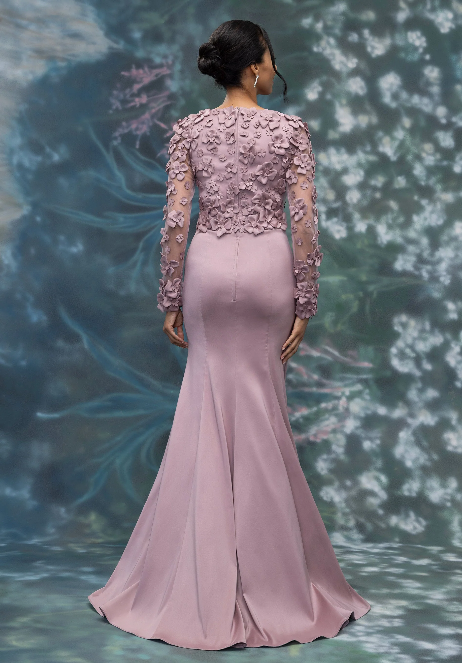 Long Sleeve Floral Embroidered Stretch Mikado Evening Gown - Image 3