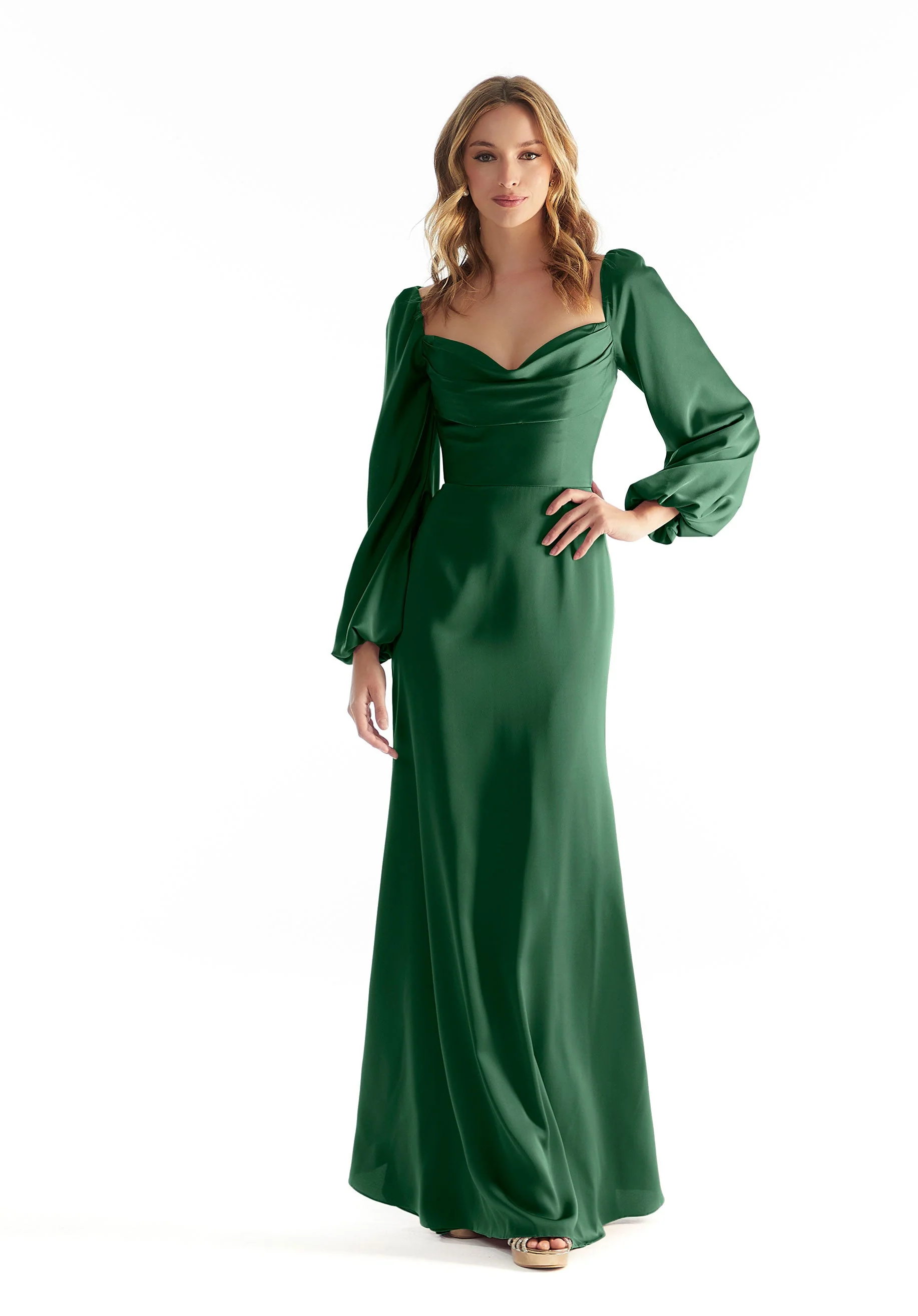 Long Sleeve Luxe Satin Bridesmaid Dress with Cowl Neck - Image 10