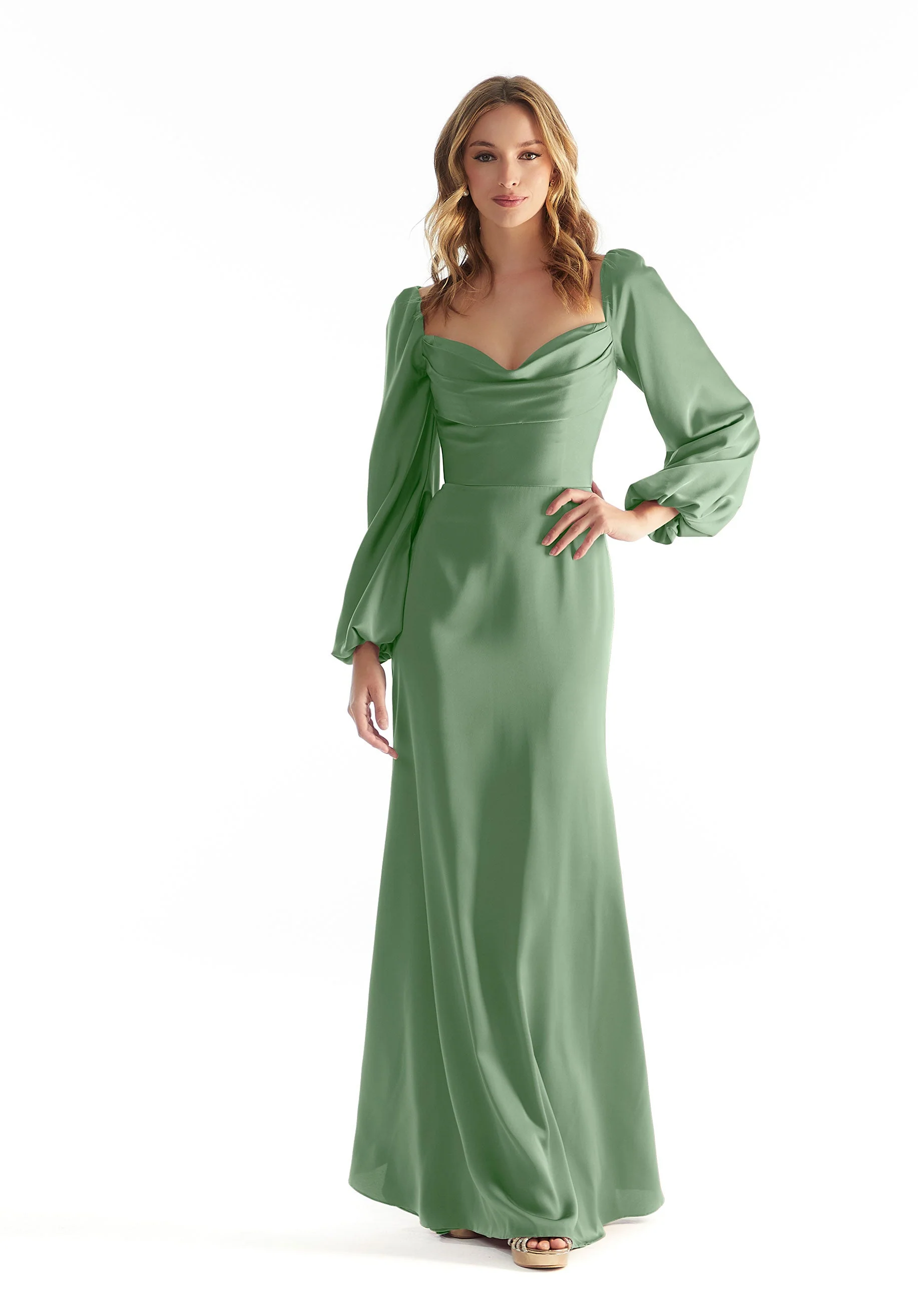 Long Sleeve Luxe Satin Bridesmaid Dress with Cowl Neck - Image 13