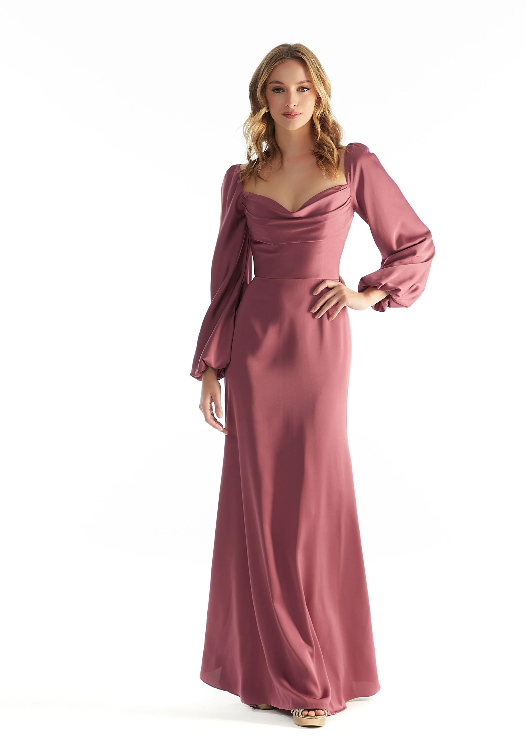 Long Sleeve Luxe Satin Bridesmaid Dress with Cowl Neck - Image 14