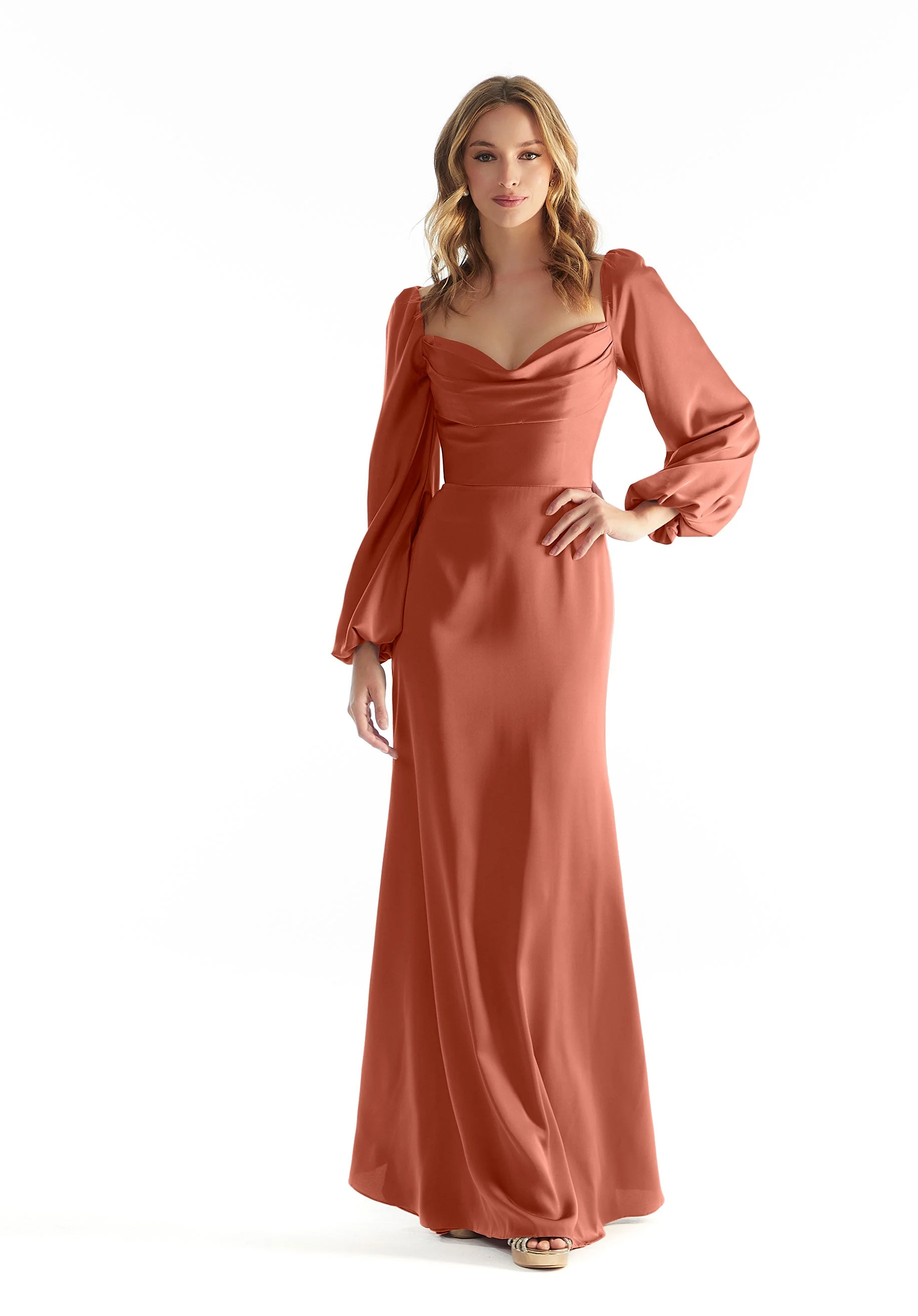 Long Sleeve Luxe Satin Bridesmaid Dress with Cowl Neck - Image 16
