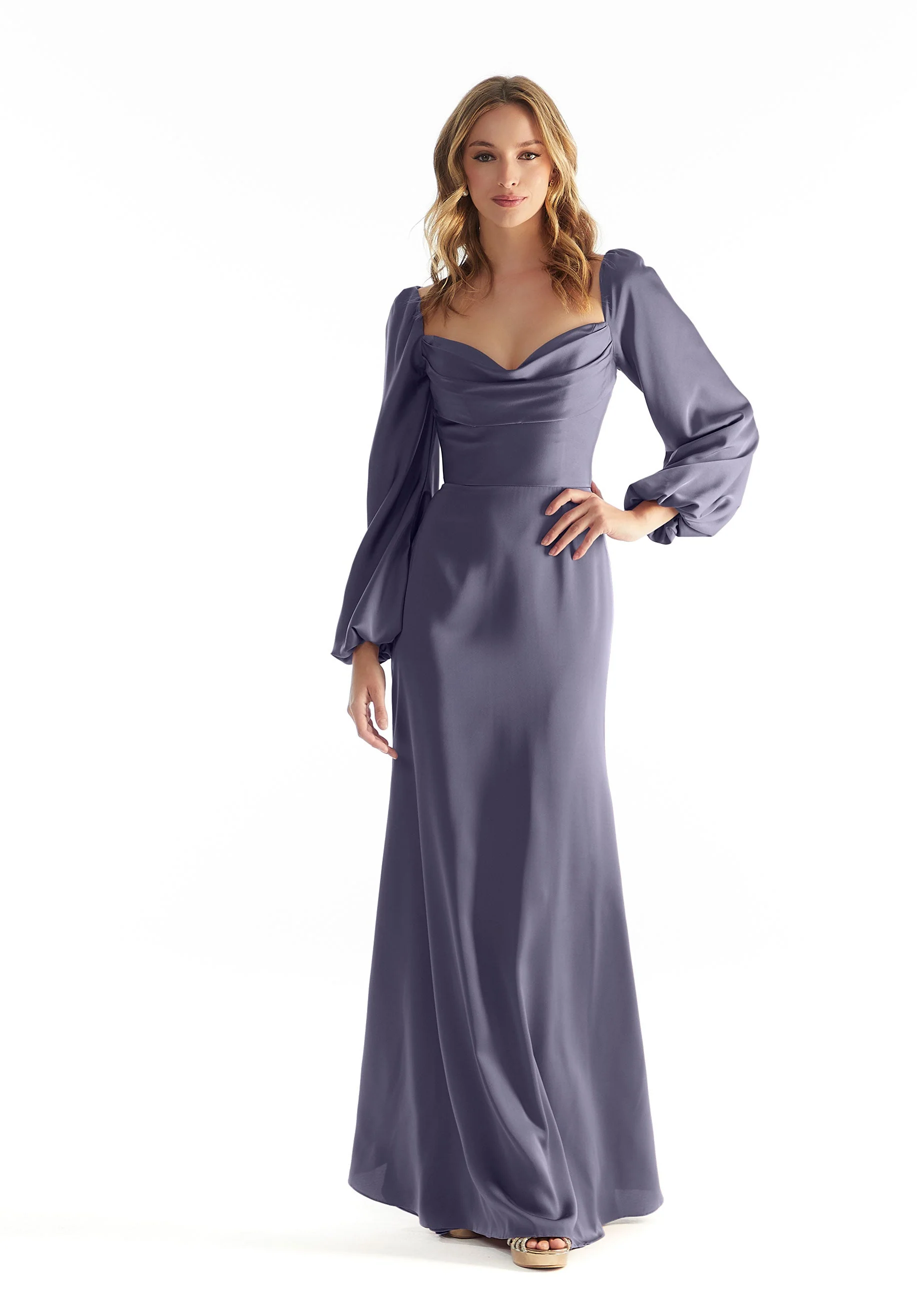 Long Sleeve Luxe Satin Bridesmaid Dress with Cowl Neck - Image 5