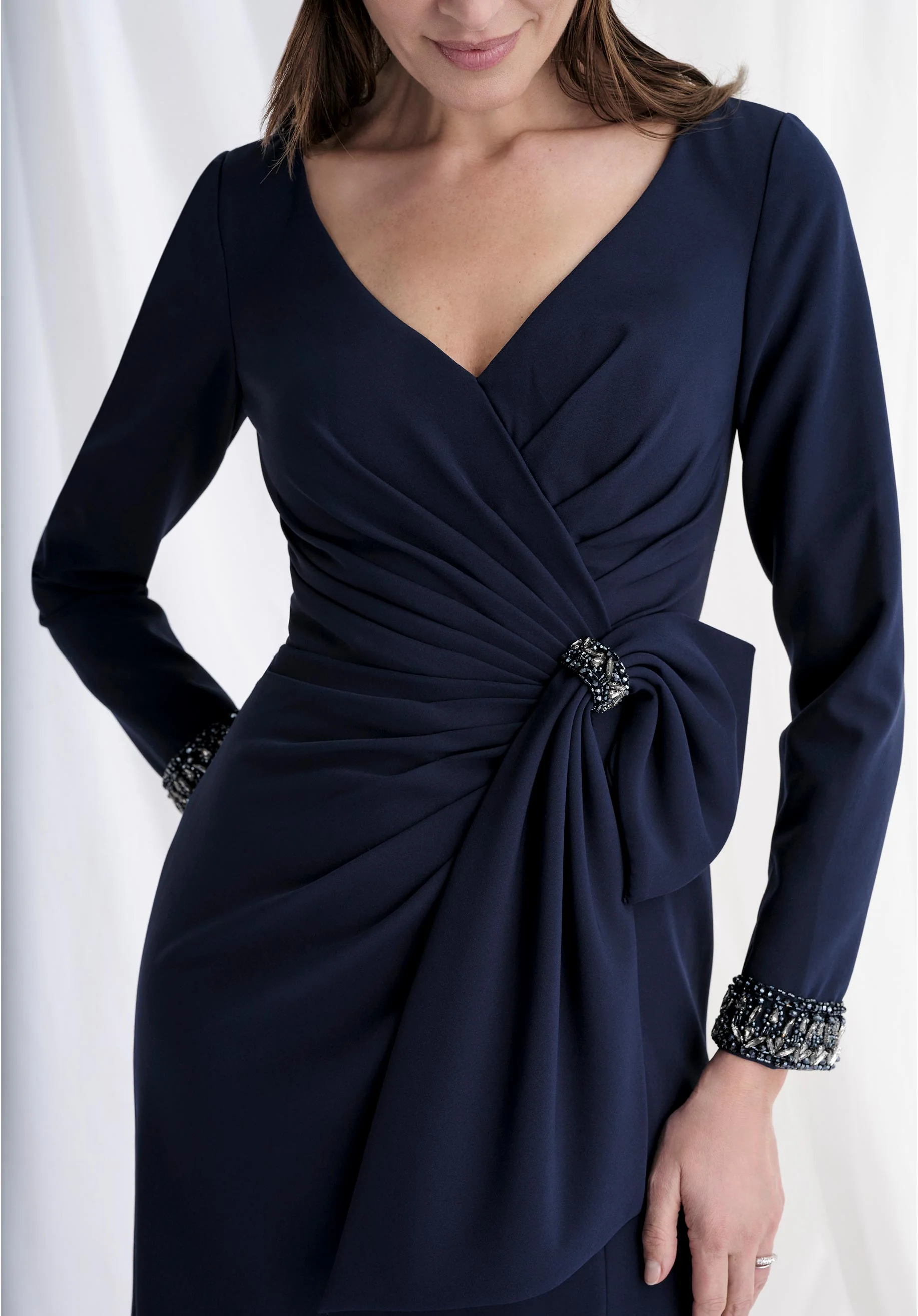 Long Sleeve Scuba Knit Fit and Flare Evening Gown with Bow - Image 4