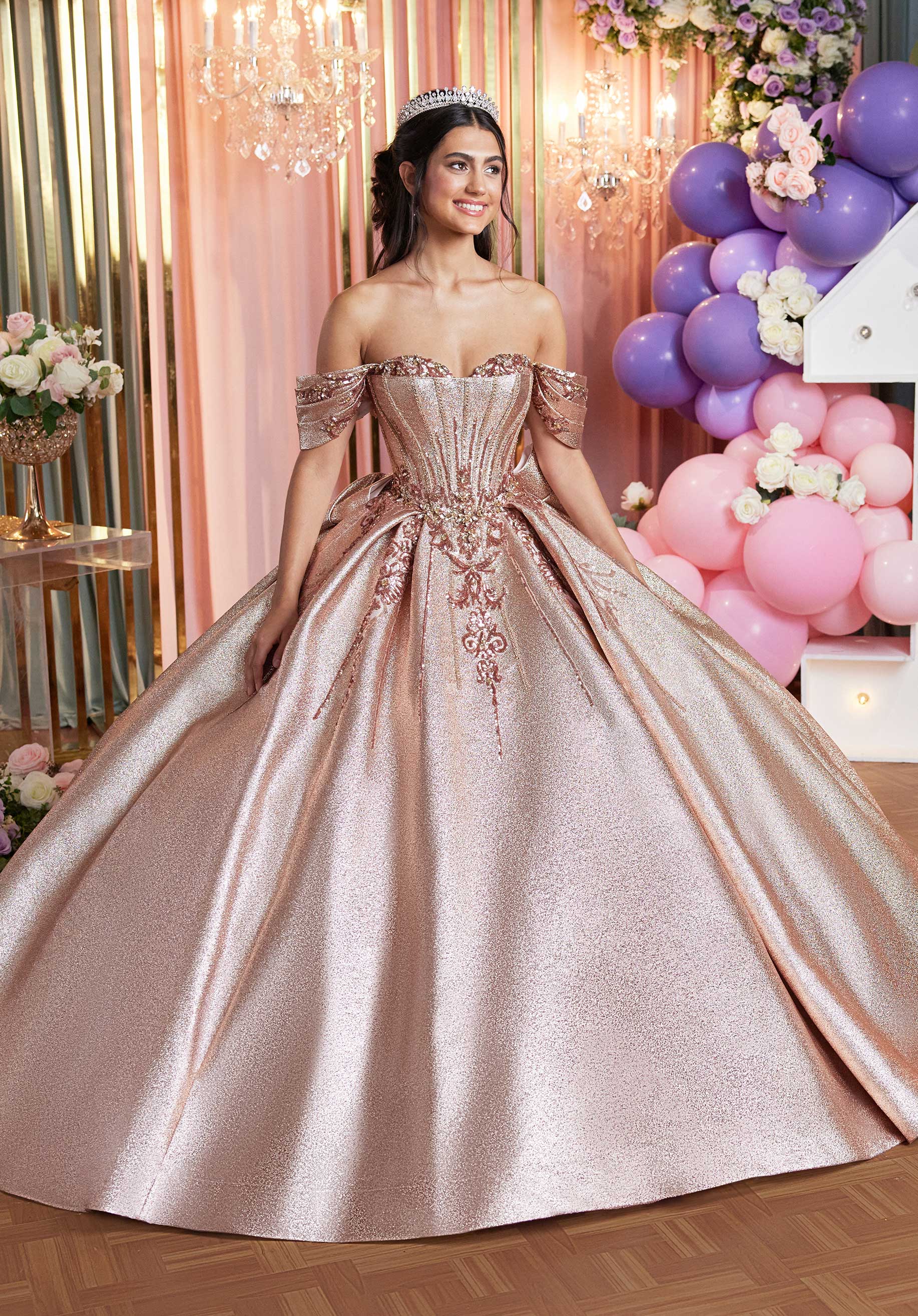 Metallic Brocade Crumb Catcher Corset Quinceañera Dress - Image 3