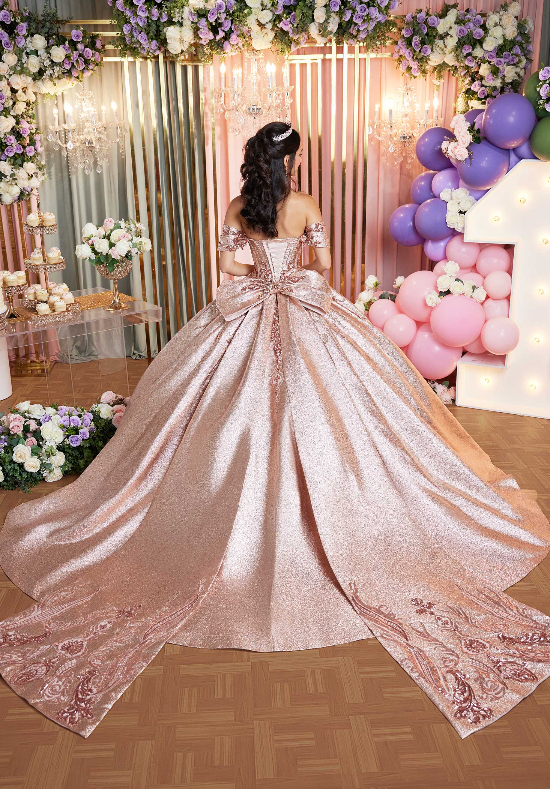 Metallic Brocade Crumb Catcher Corset Quinceañera Dress - Image 5
