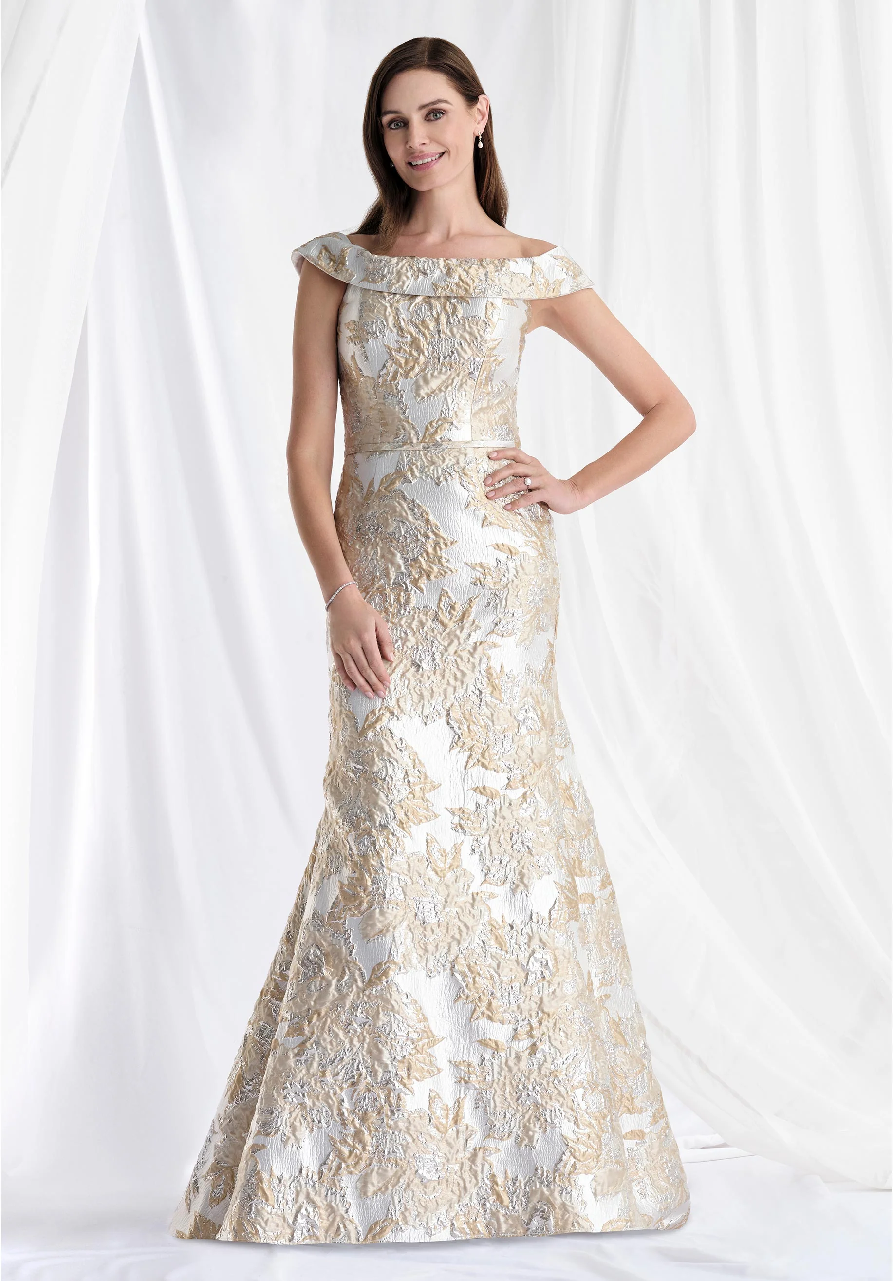 Metallic Brocade Fit and Flare Evening Gown with Ruffle Draped Back - Image 3