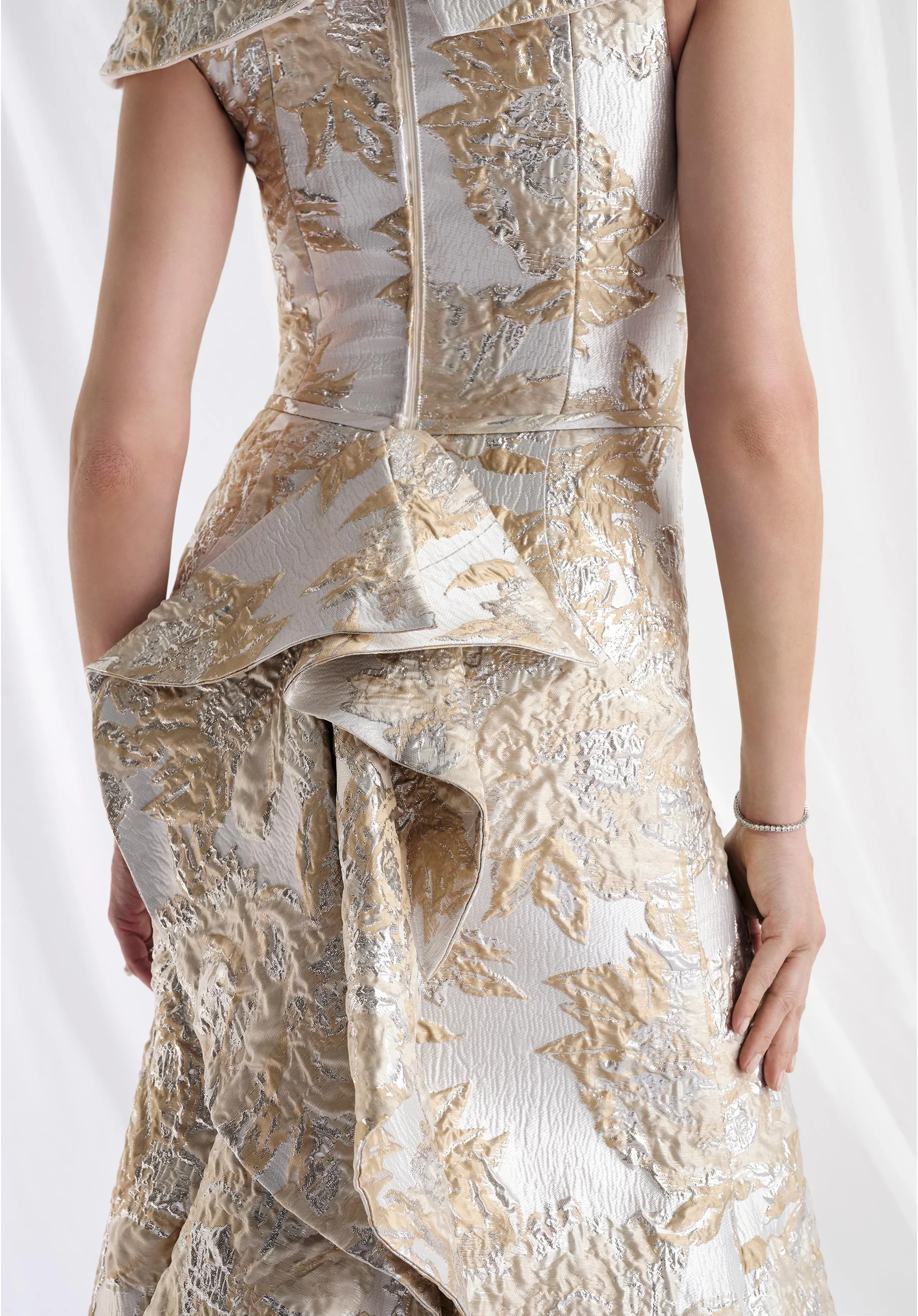 Metallic Brocade Fit and Flare Evening Gown with Ruffle Draped Back - Image 5