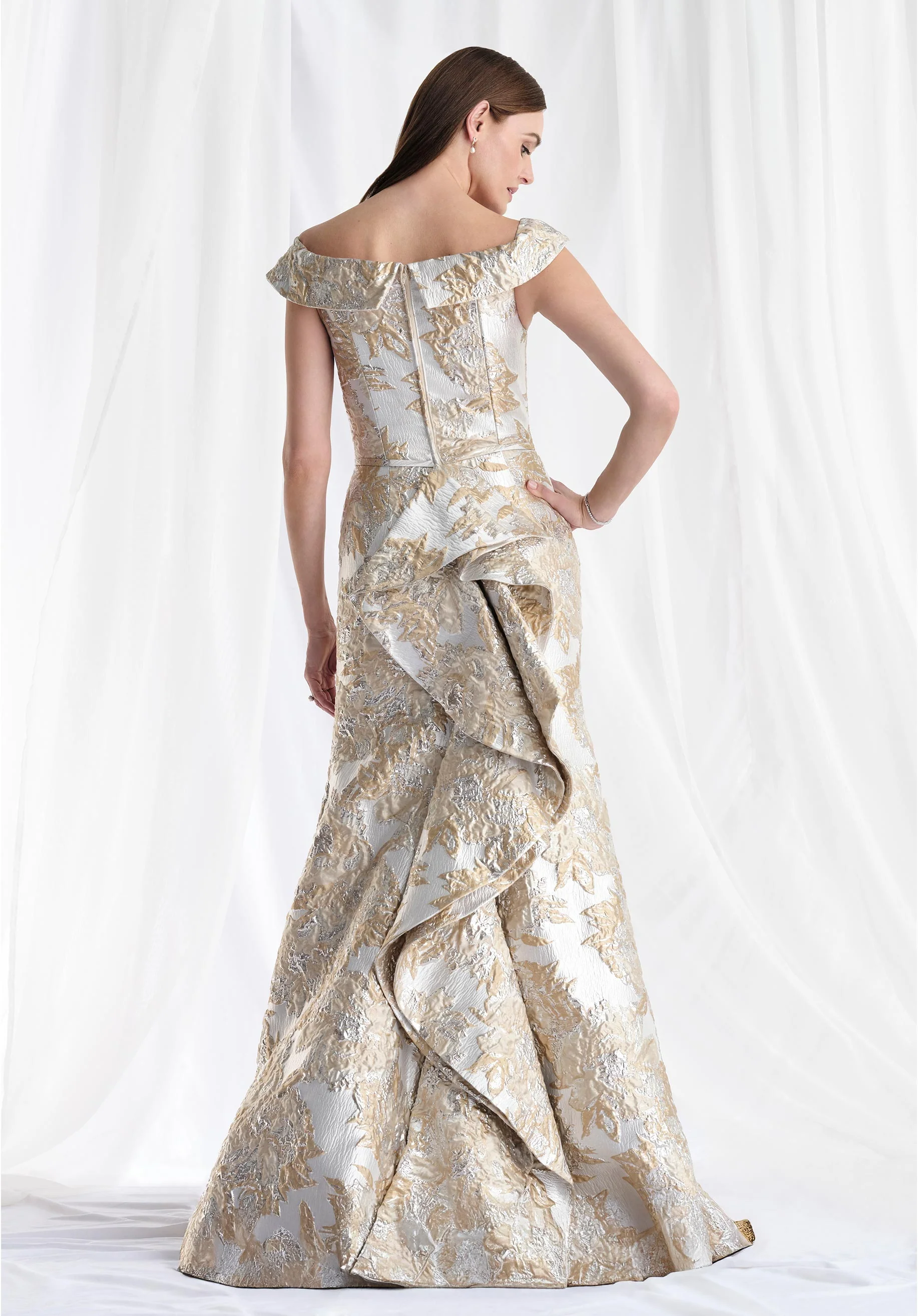 Metallic Brocade Fit and Flare Evening Gown with Ruffle Draped Back - Image 7