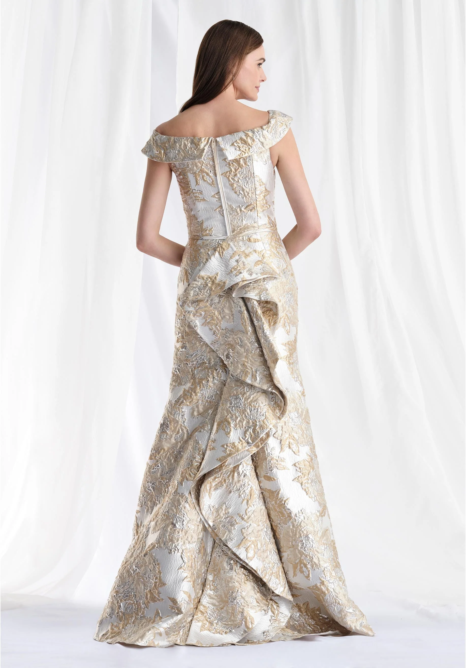 Metallic Brocade Fit and Flare Evening Gown with Ruffle Draped Back - Image 8