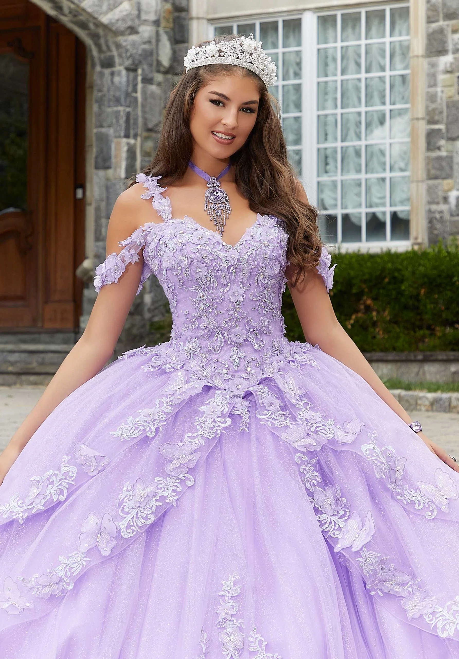 Metallic Embroidered Quinceañera Dress with Three-Dimensional Butterflies - Image 3
