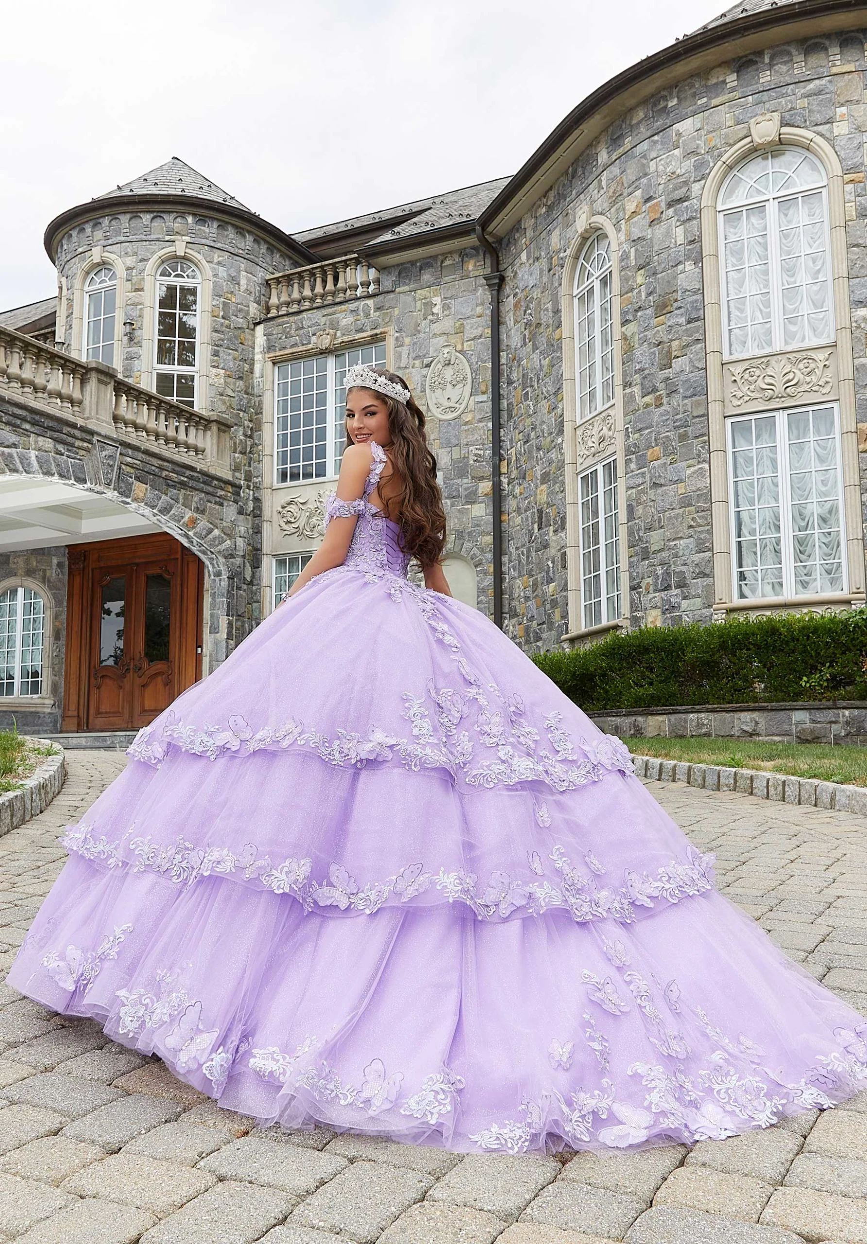 Metallic Embroidered Quinceañera Dress with Three-Dimensional Butterflies - Image 4