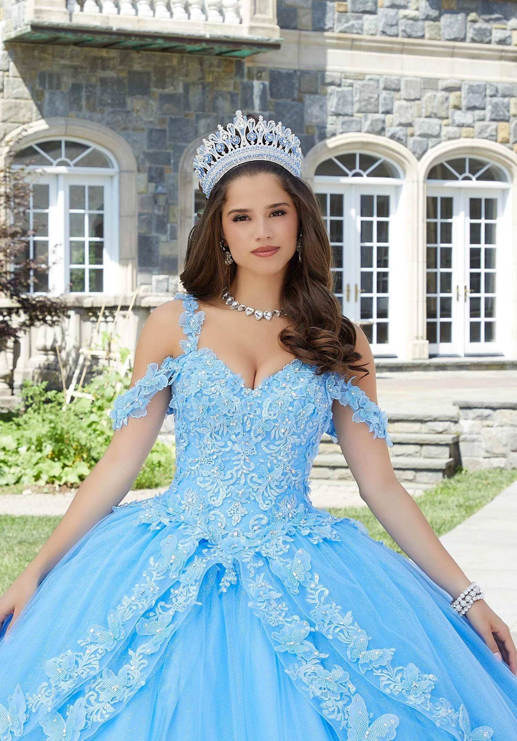 Metallic Embroidered Quinceañera Dress with Three-Dimensional Butterflies - Image 6