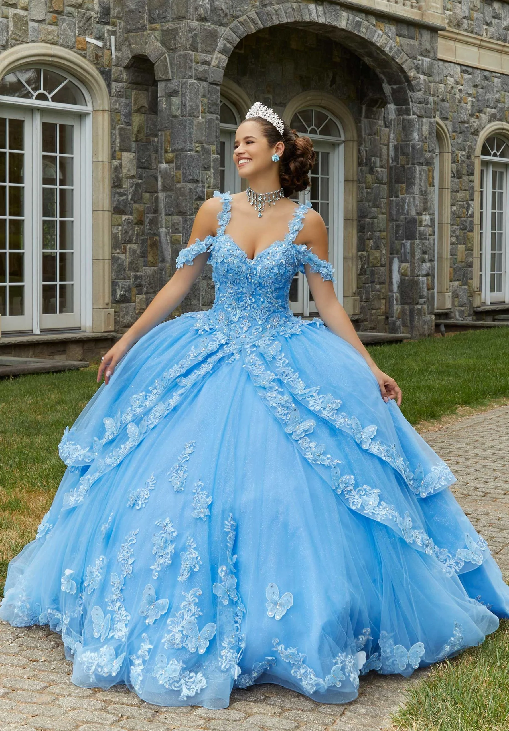Metallic Embroidered Quinceañera Dress with Three-Dimensional Butterflies - Image 7